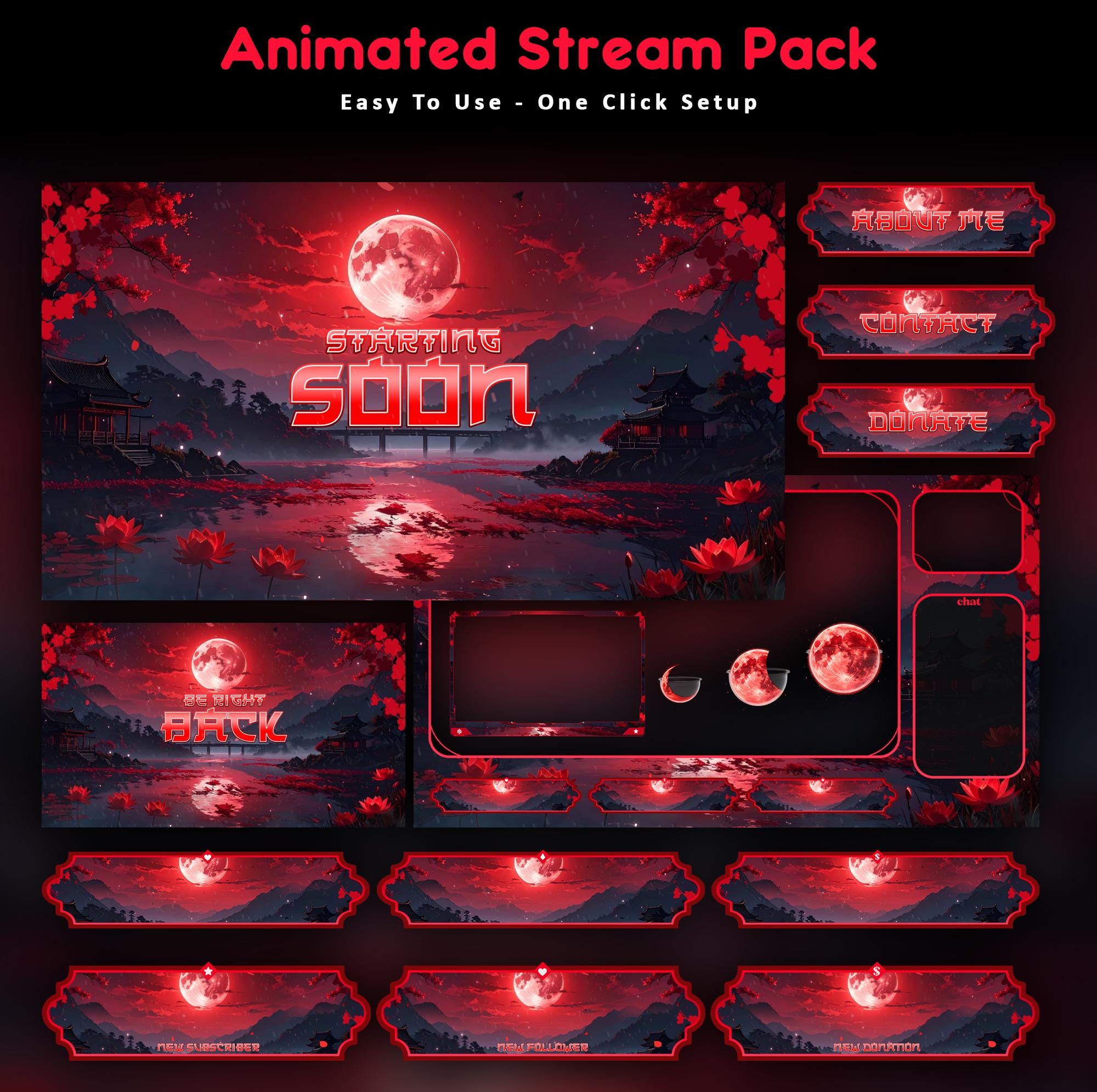 Red Moon Samurai Animated Stream Package: For Twitch Overlay, YouTube, Kick | Sakura Overlays - animated preview