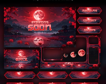 Red Moon Samurai Animated Stream Package: For Twitch Overlay, YouTube, Kick | Sakura Overlays