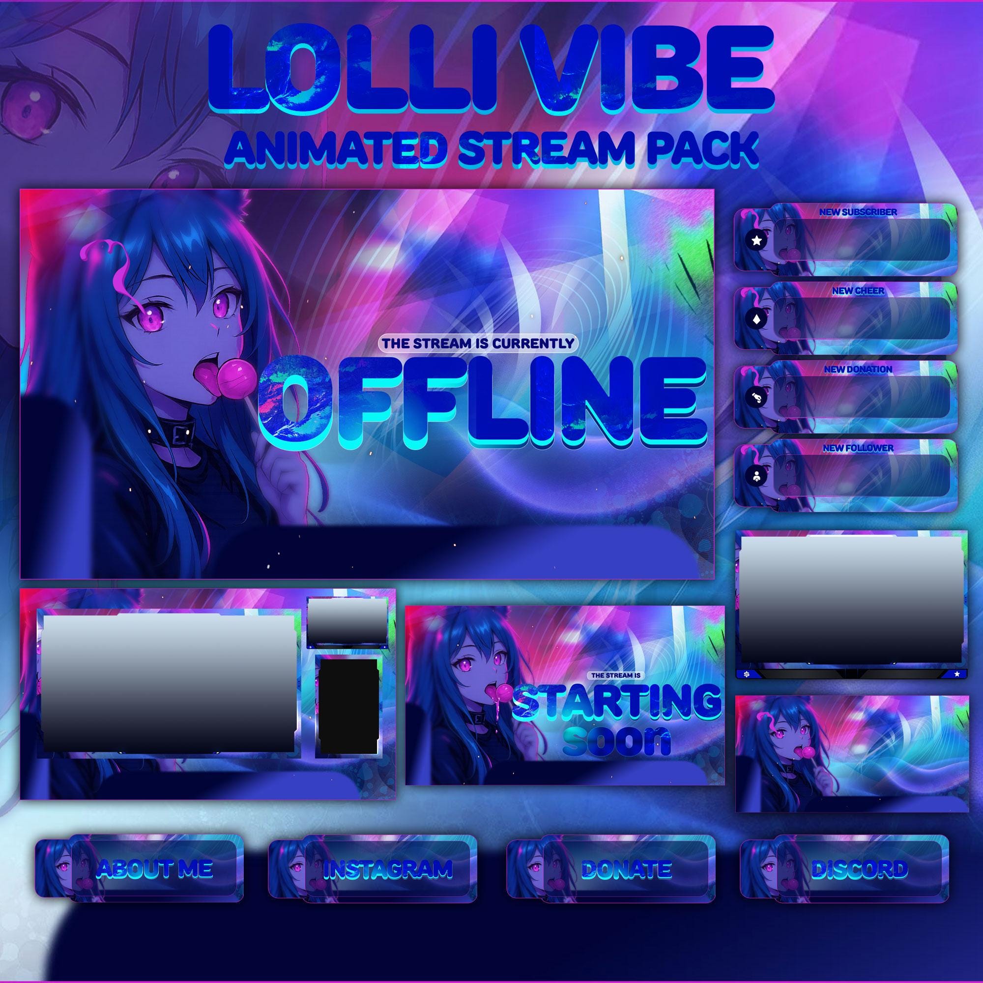 Animated Lollipop VTuber Stream Package: For Twitch Overlay, YouTube, Kick | Facecam, Alerts, Anime Overlay - animated preview