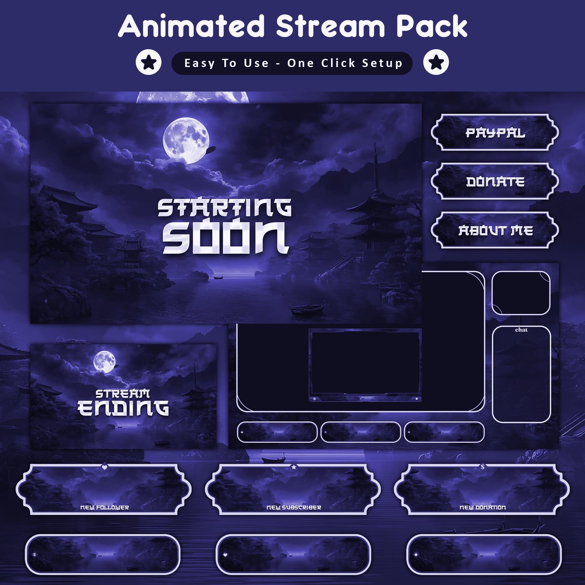 Samurai Moon Animated Stream Package: For Twitch Overlay, YouTube, Kick | Japanese Overlays - animated preview