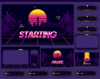 Sunset Synthwave Animated Stream-paket: För Twitch Overlay, YouTube, Kick, Facecam, Alerts, Retro Overlay
