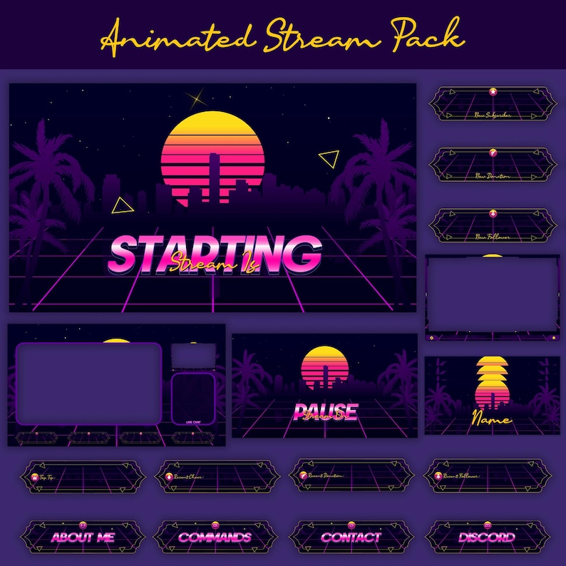 Sunset Synthwave Animated Stream-paket: För Twitch Overlay, YouTube, Kick, Facecam, Alerts, Retro Overlay bild 1