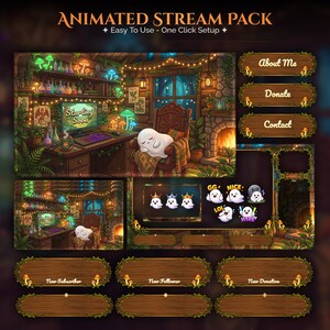 May include: An animated stream pack with a cottagecore aesthetic. The pack features overlay elements like buttons, chat boxes, and animated scenes. Text includes "Animated Stream Pack", "Easy To Use - One Click Setup", "Starting Soon", "About Me", "Donate", "Contact", "New Subscriber", "New Follower", and "New Donation".