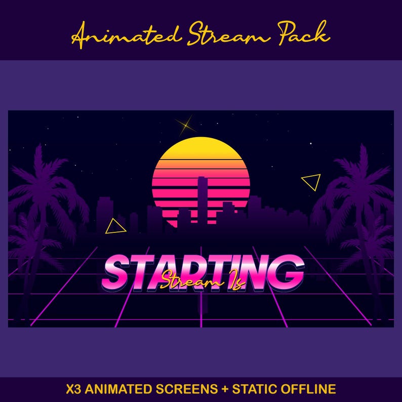 Sunset Synthwave Animated Stream-paket: För Twitch Overlay, YouTube, Kick, Facecam, Alerts, Retro Overlay bild 9