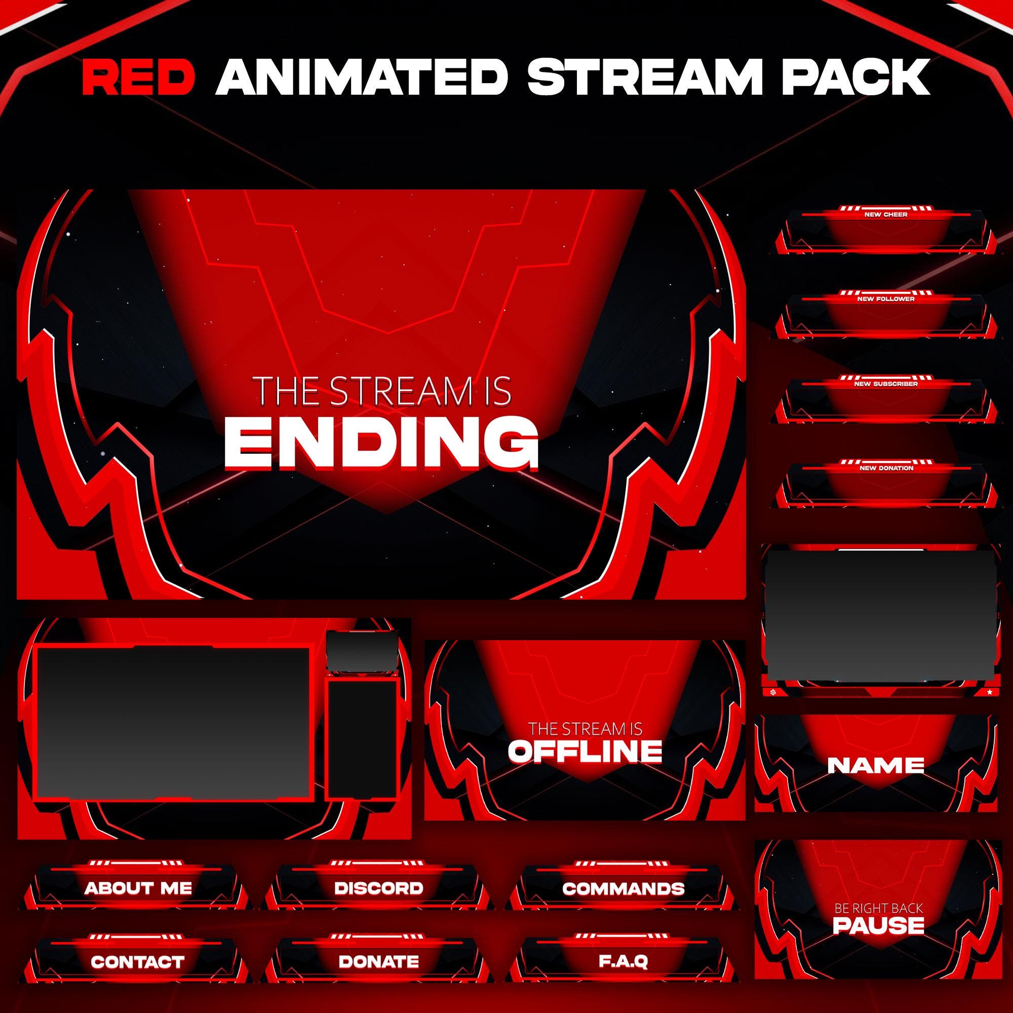 Red Animated Stream Package: For Twitch Overlay, YouTube, Kick, Facecam, Panels, Alerts, Stream Overlays - animated preview