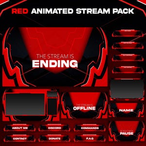 May include: A red and black animated stream pack with various overlay elements. The pack includes screens for ending, offline, and pause states, along with panels for about me, Discord, commands, and more. The text is in white.