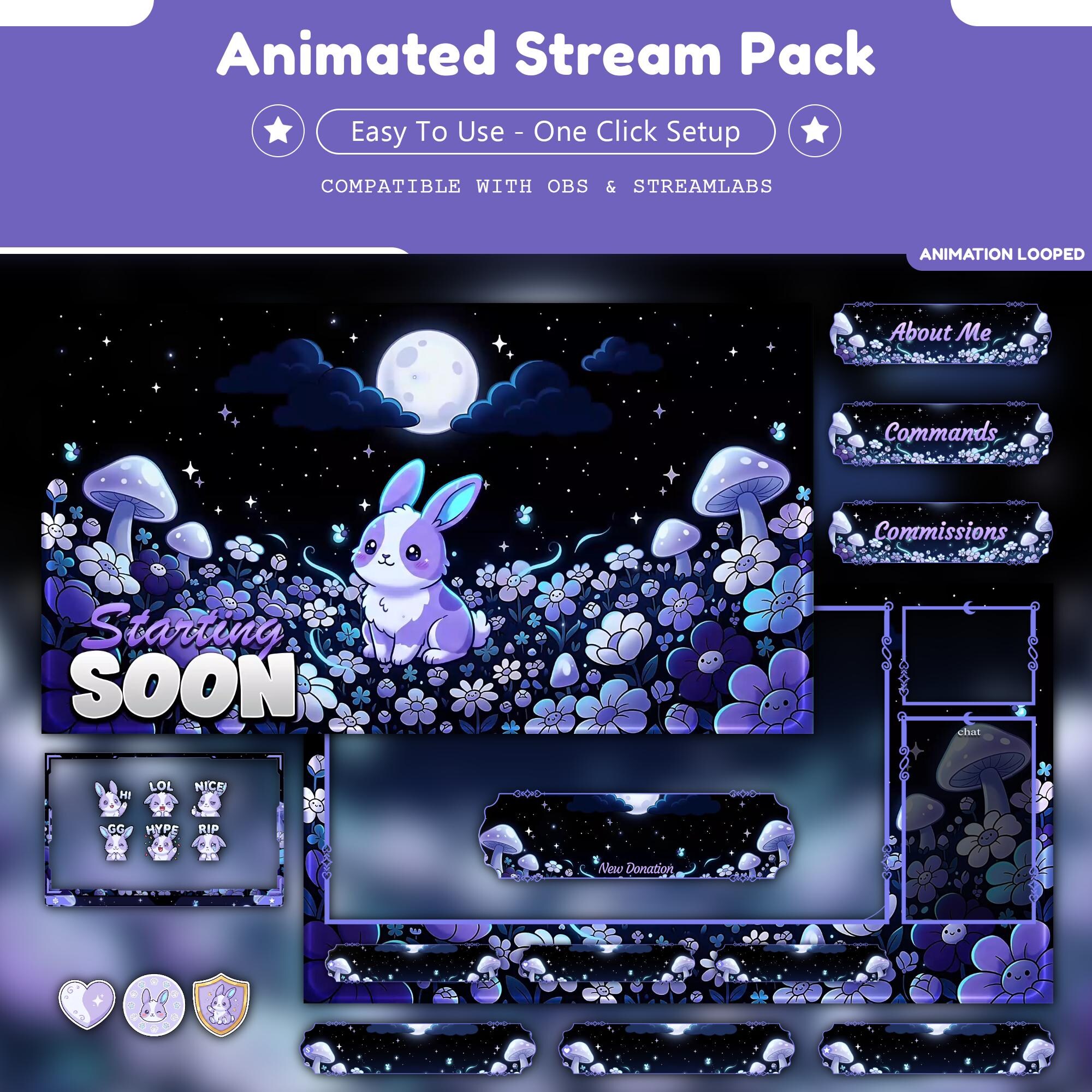 Night Blossom Bunny Overlay Animated Stream Package: Rabbit Twitch, YouTube, Kick | kawaii , Bunny Emotes - animated preview