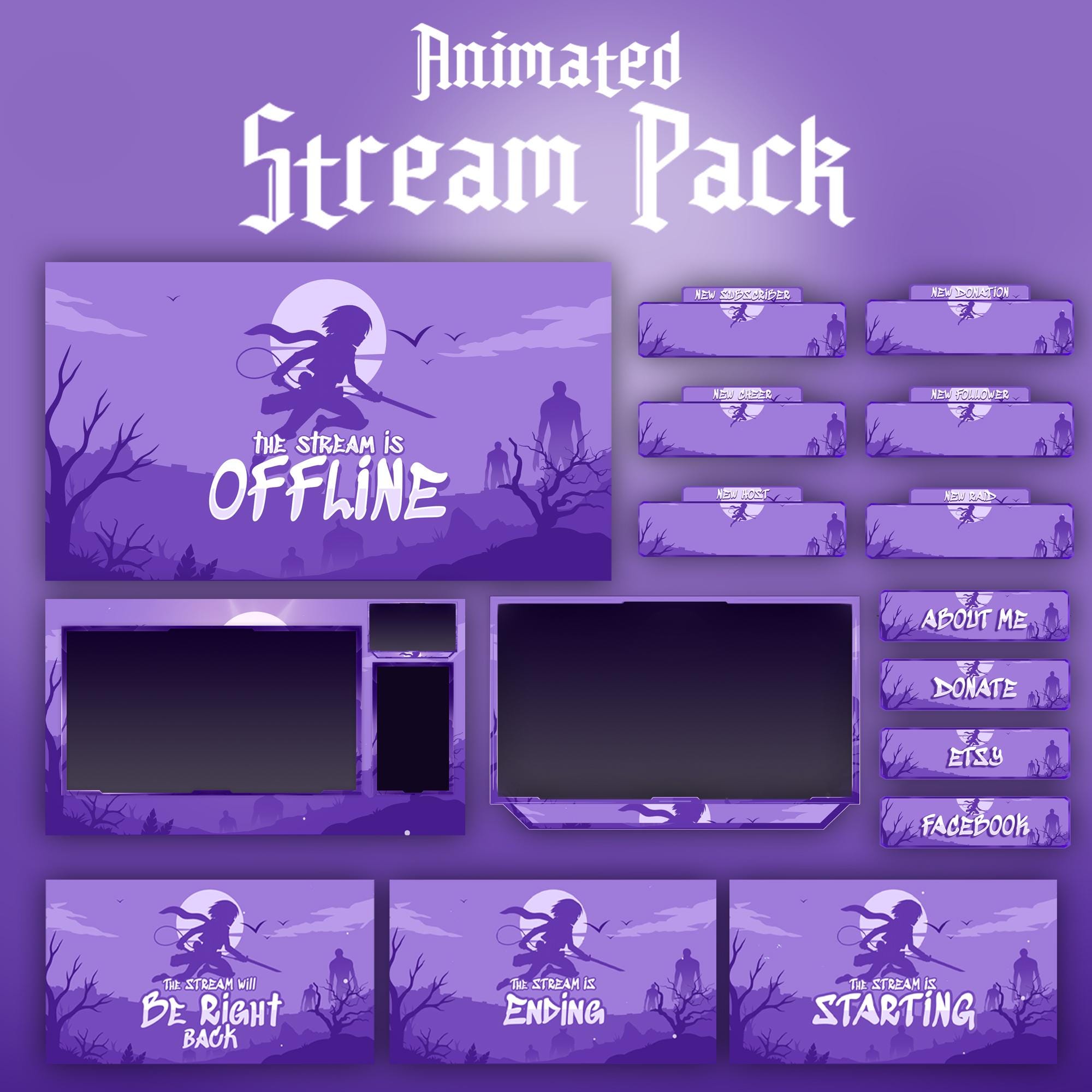 Girl Fighter Animated Stream Package: For Twitch Overlay, YouTube, Kick | Facecam, Alerts, Anime Overlay - animated preview