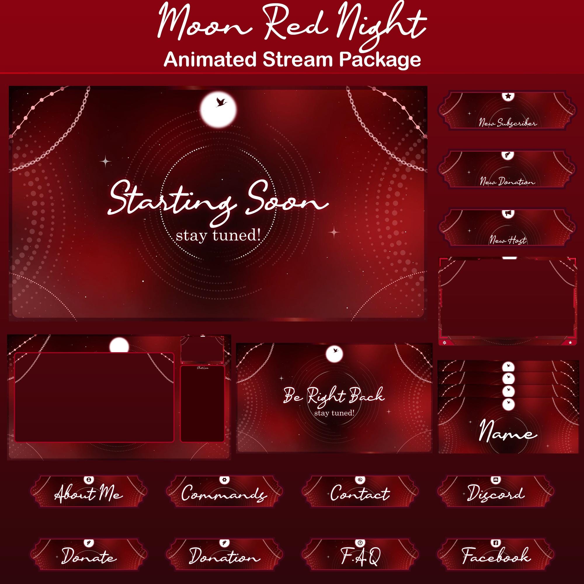 Moon Red Night Animated Stream Package: For Twitch Overlay, YouTube, Kick, Facecam, Stream Overlays - animated preview