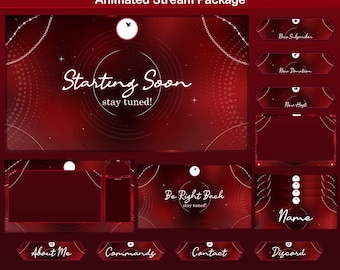 Paquete de transmisión animada de Luna Roja Nocturna: para superposiciones de Twitch, YouTube, Kick, Facecam y transmisiones