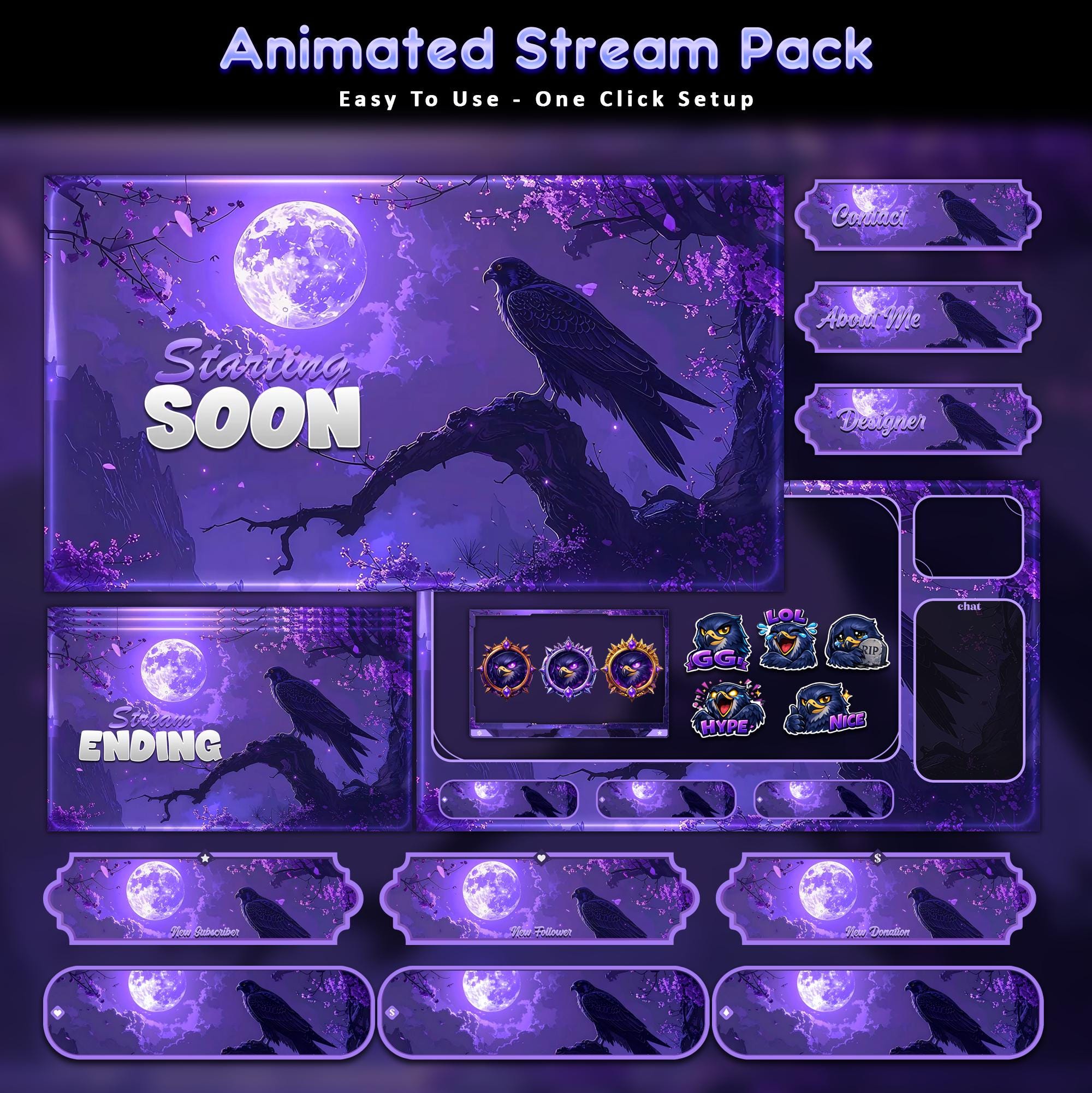Moonlight Falcon Animated Stream Package: For Twitch Overlay, YouTube, Kick | Hawk twitch overlays - animated preview