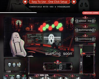 Horror Gaming Room Twitch Overlay Pack Animated | Halloween Creepy Ghost Skull Setup Stream | Neon Glitch | Youtube, Kick | VTuber OBS