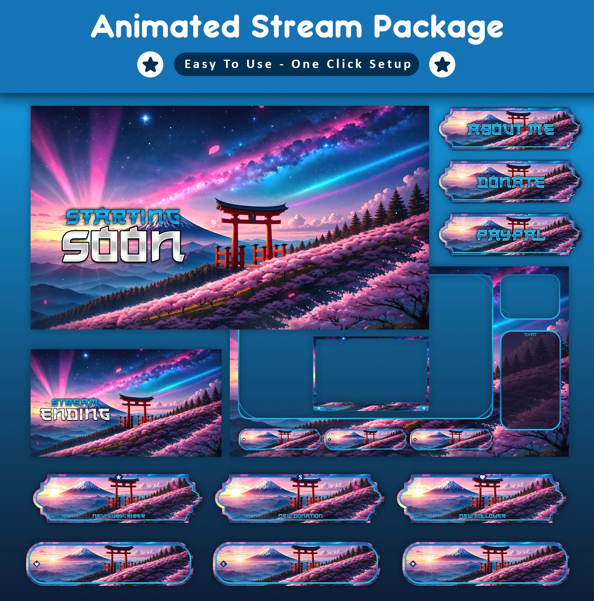 Neon Sakura Animated Stream Package: For Twitch, YouTube, Kick | Sakura Cherry Blossom Overlays/Japanese - animated preview