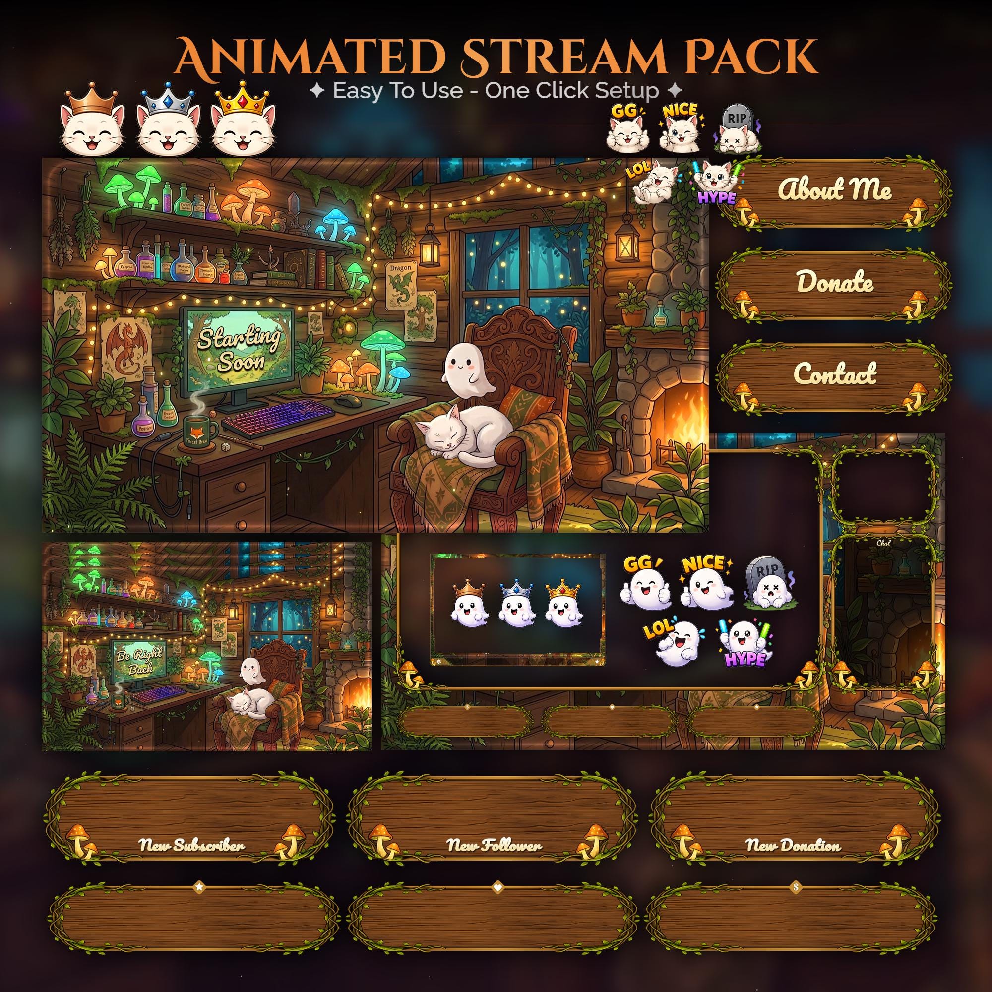 Cozy Ghost & Cat Overlay Animated Stream Package: Twitch, YouTube, Kick | Gaming Setup Overlays - animated preview