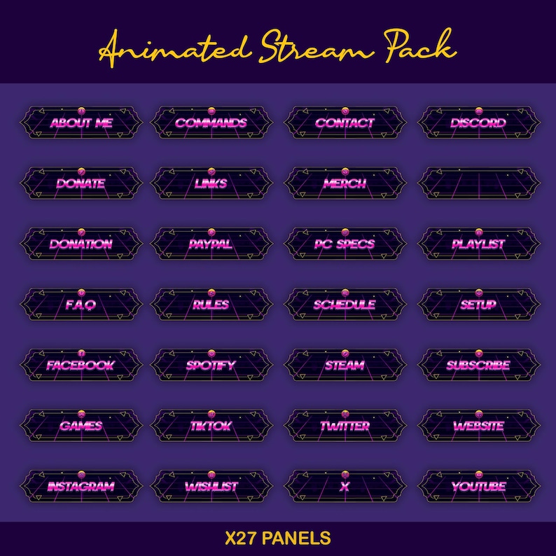 Sunset Synthwave Animated Stream-paket: För Twitch Overlay, YouTube, Kick, Facecam, Alerts, Retro Overlay bild 3
