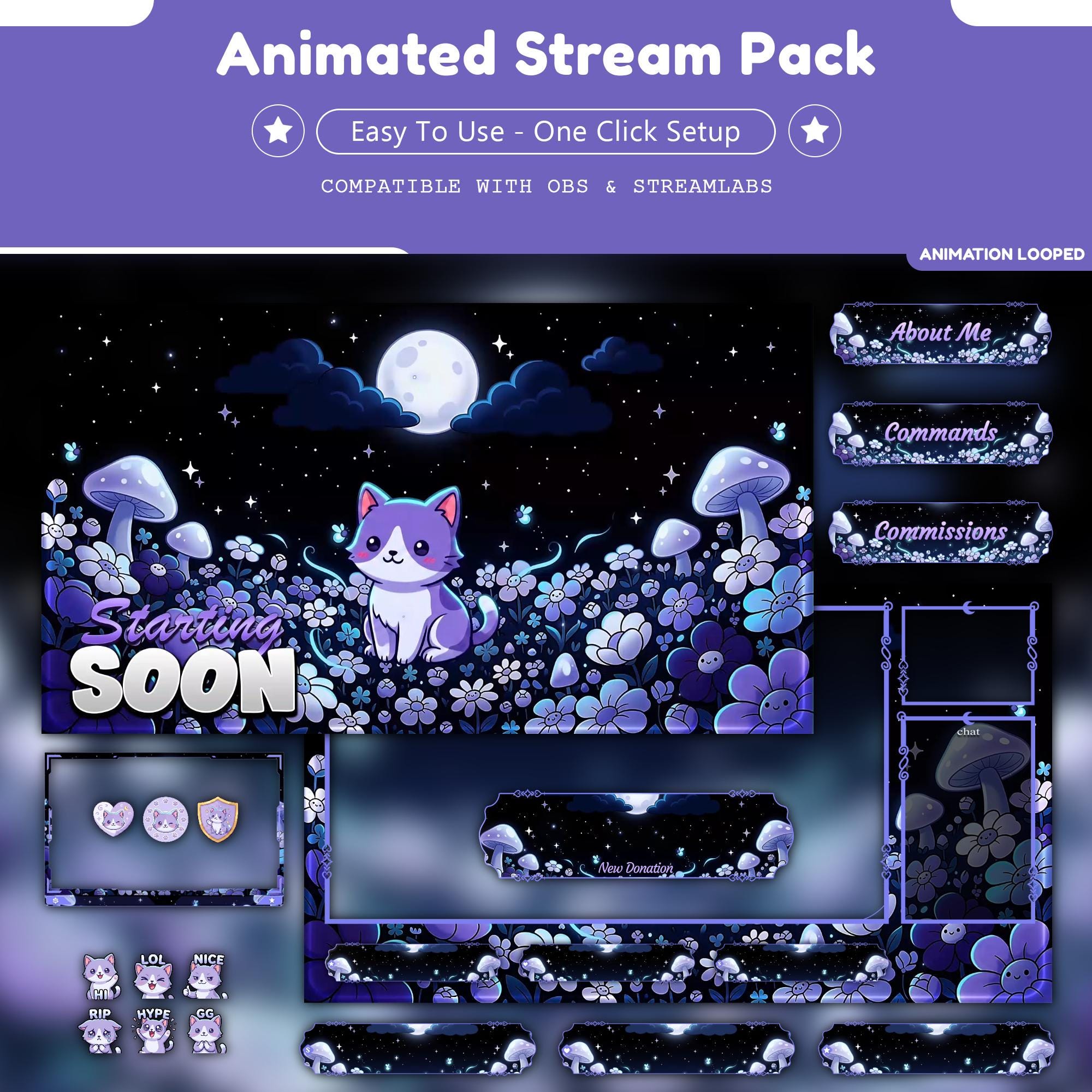 Starry Night Blossom Cat Overlay Animated Stream Package: Lofi Cozy Twitch | kawaii , Cat Emotes - animated preview