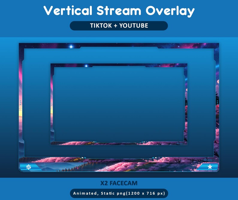 Puede incluir: Un dise&ntilde;o de superposici&oacute;n de transmisi&oacute;n vertical con un fondo azul y un marco rectangular. El marco tiene un degradado azul oscuro y rosa con un dise&ntilde;o de paisaje en la parte inferior. El texto incluye "Vertical Stream Overlay", "TIKTOK + YOUTUBE" y "X2 FACECAM".