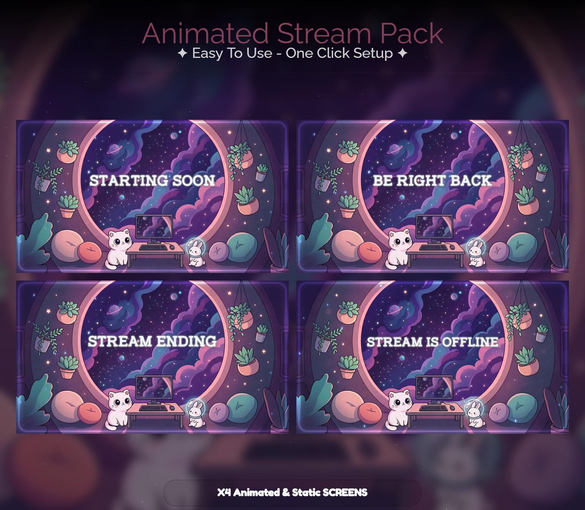 Kawaii Space Friends Cat Overlay Animated Stream Screens: Twitch, YouTube, Kick | Bunny Overlays - animated preview