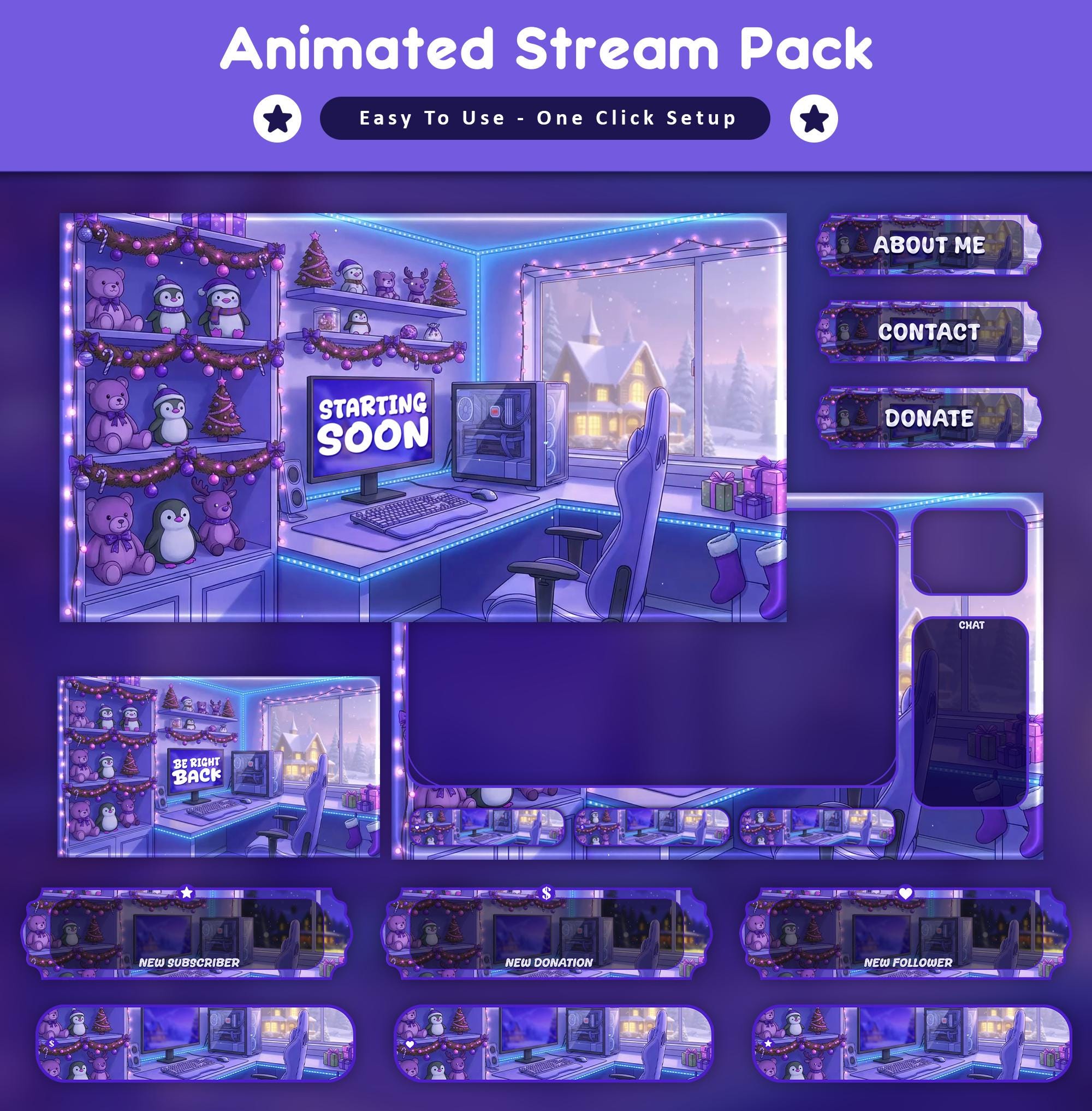 Cozy Christmas Animated Stream Package: For Twitch Overlay, YouTube, Kick, Facecam, Christmas Overlays - animated preview