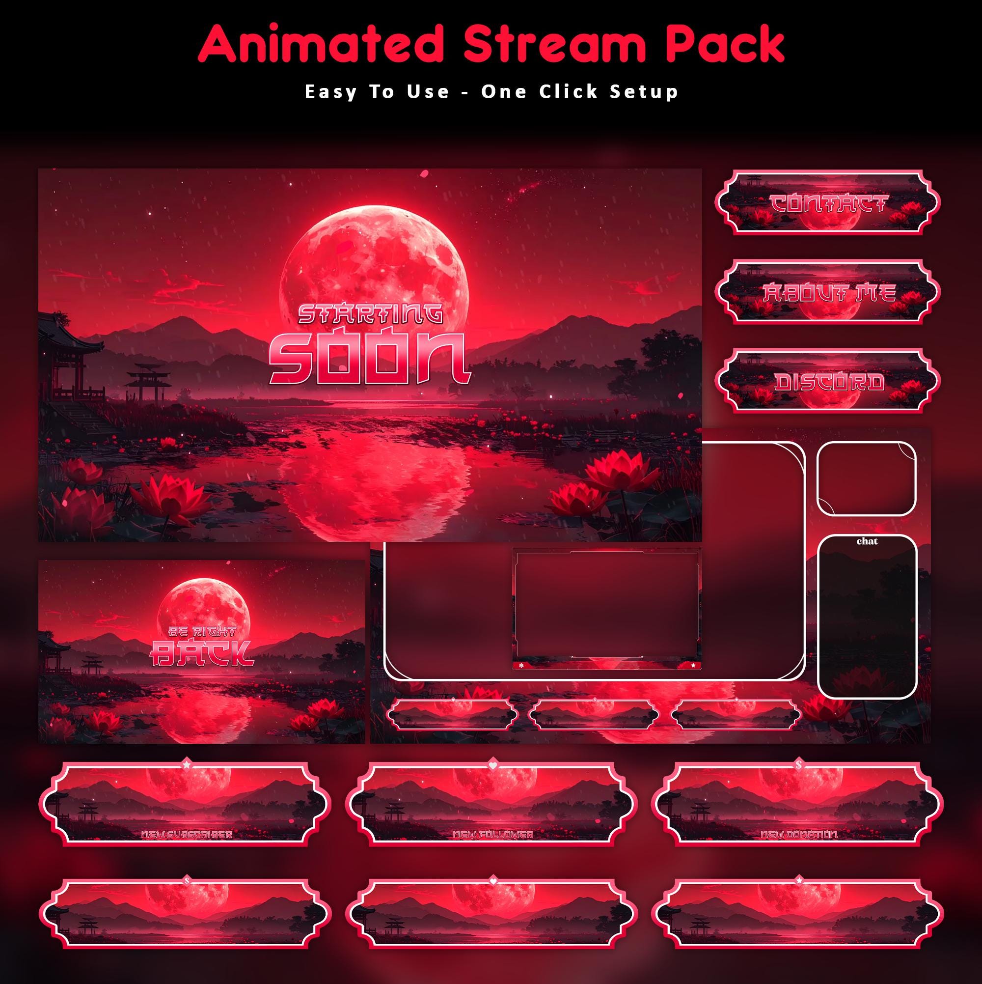 Crimson Moon Sakura Animated Stream Package: For Twitch Overlay, YouTube, Kick | Sakura overlays - animated preview