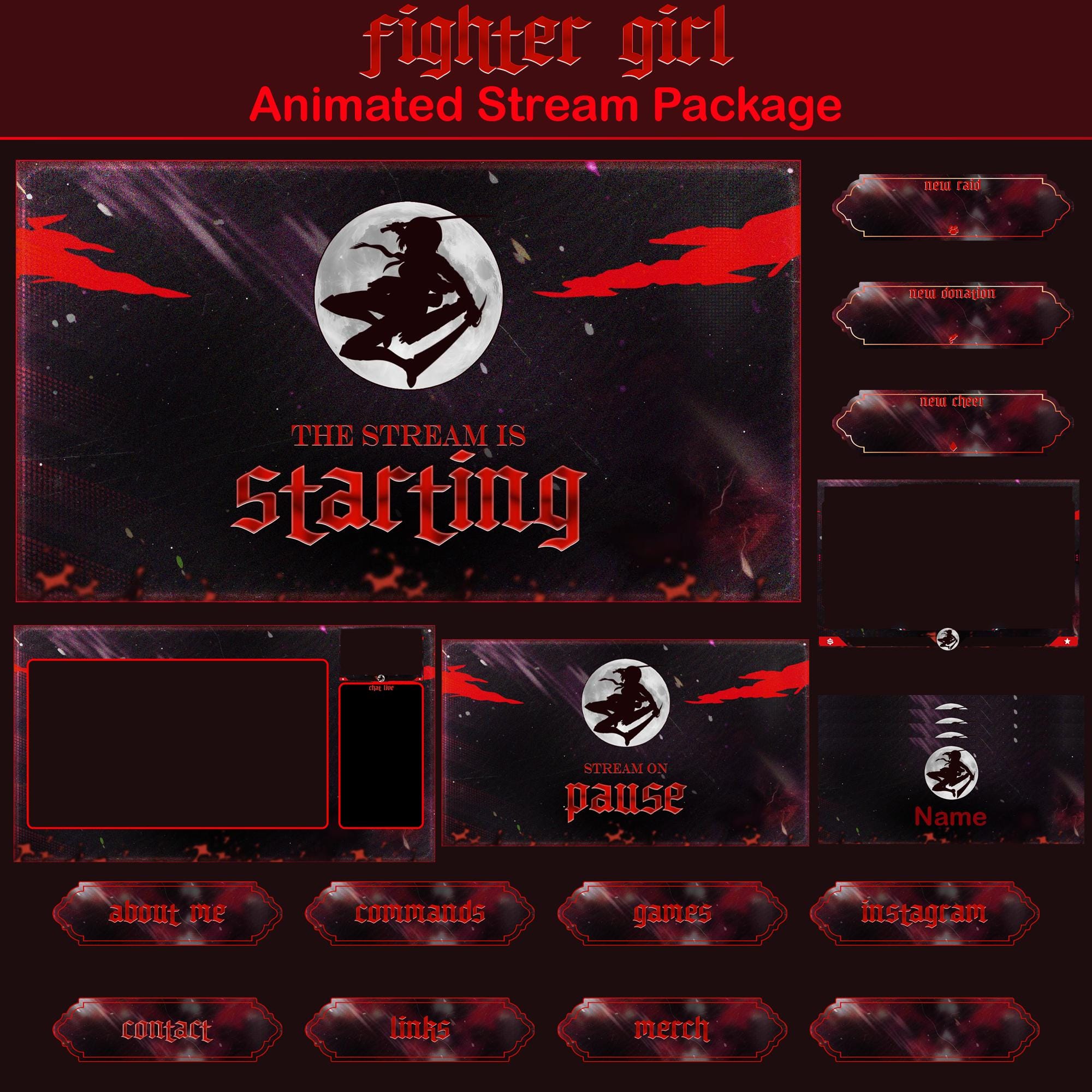 Fighter Girl Animated Stream Package: For Twitch Overlay, YouTube, Kick, Facecam, Alerts, Anime Overlay - animated preview