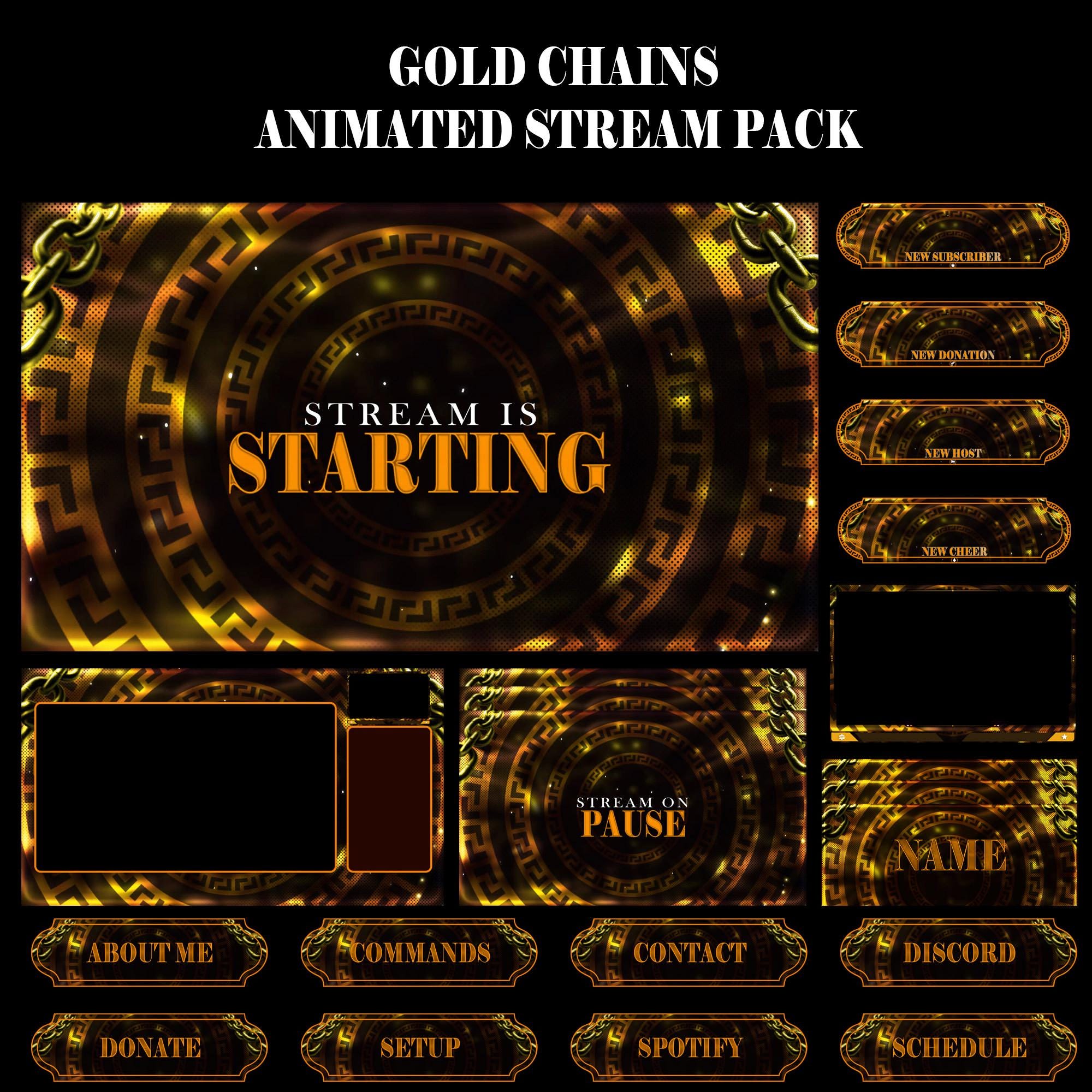 Gold Chains Animated Stream Package: For Twitch Overlay, YouTube, Kick, Facecam, Alerts, Stream Overlays - animated preview