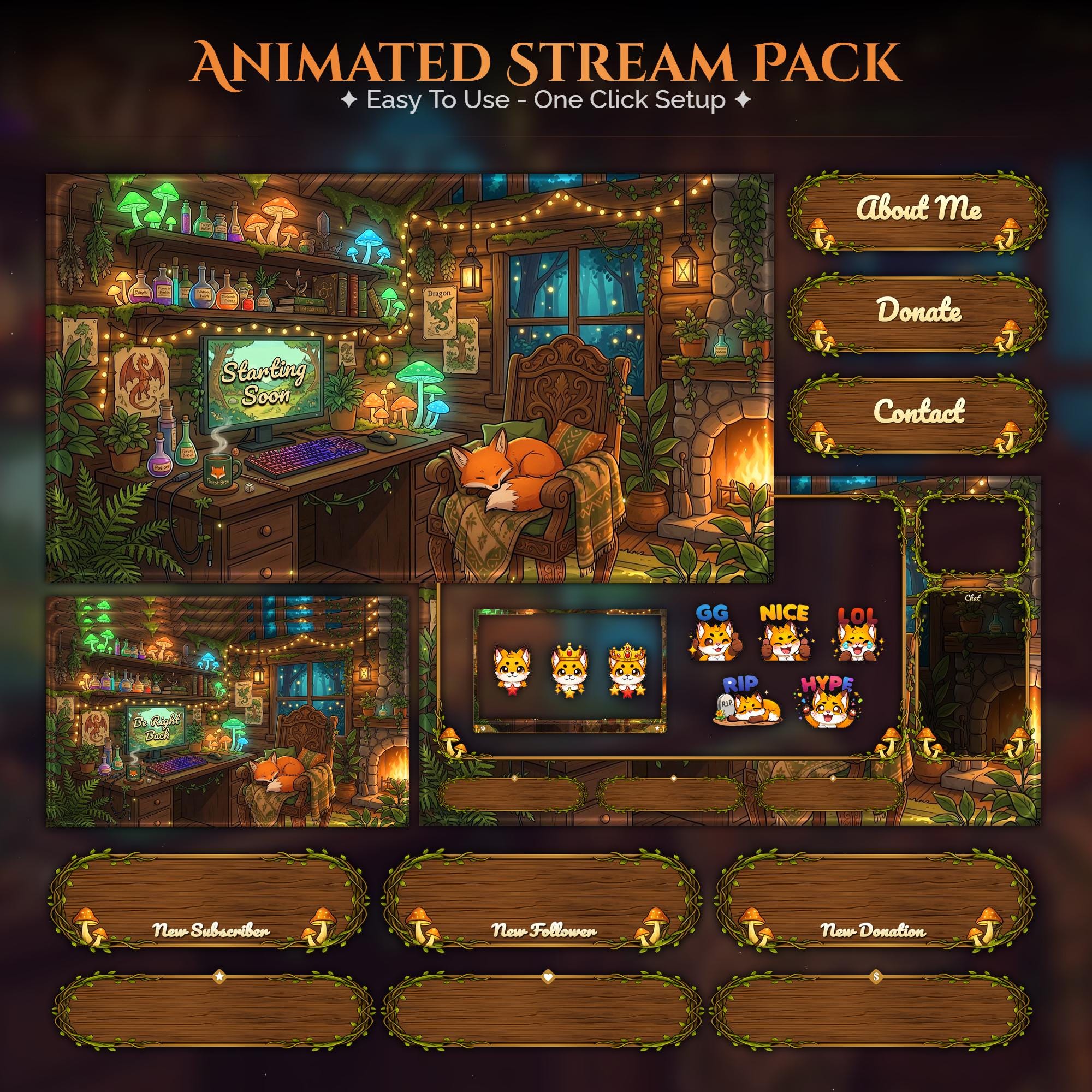 Cozy Fox Overlay Animated Stream Package: Twitch, YouTube, Kick | Gaming Setup Overlays - animated preview