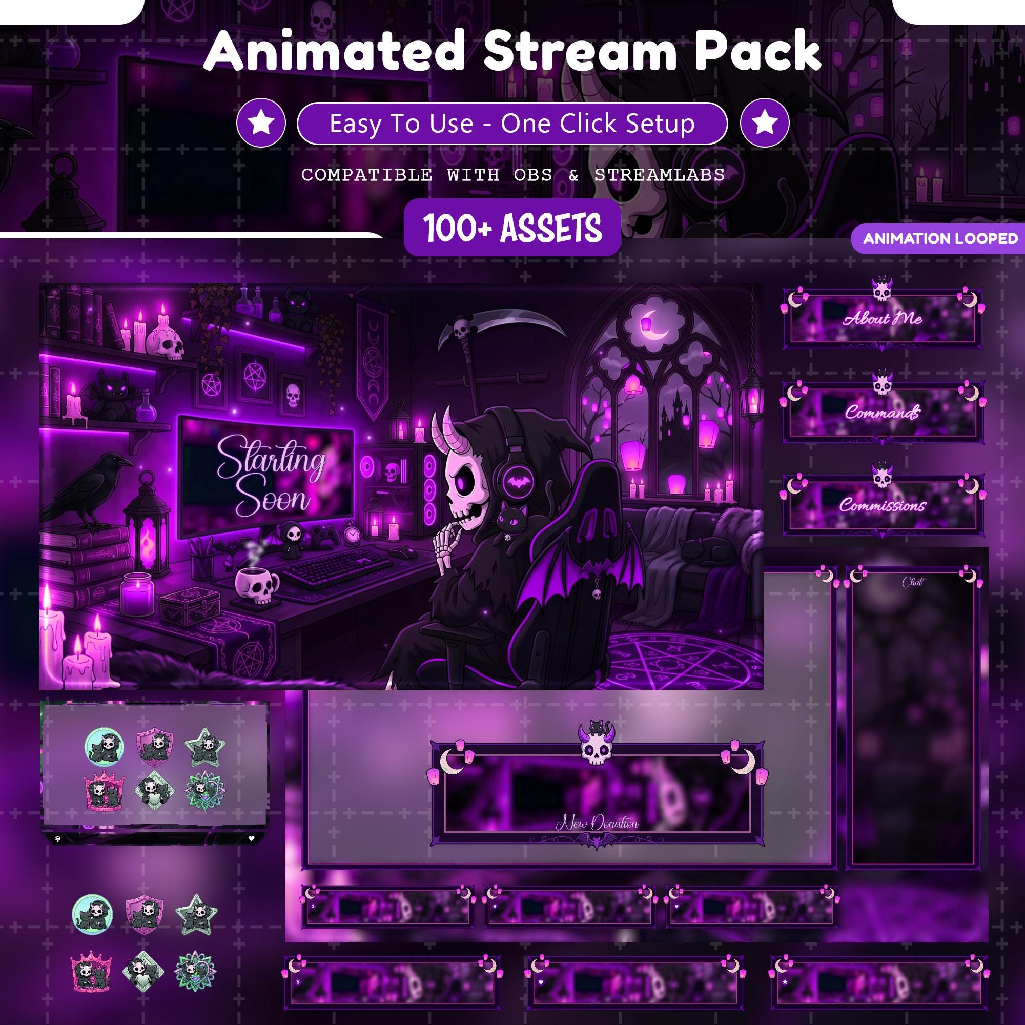 Gothic Grim Reaper Animated Stream Overlay Package, Purple Spooky Cozy Overlay, Horror Halloween Stream Screens, OBS VTuber Youtube - animated reaper Twitch stream overlay pack cover