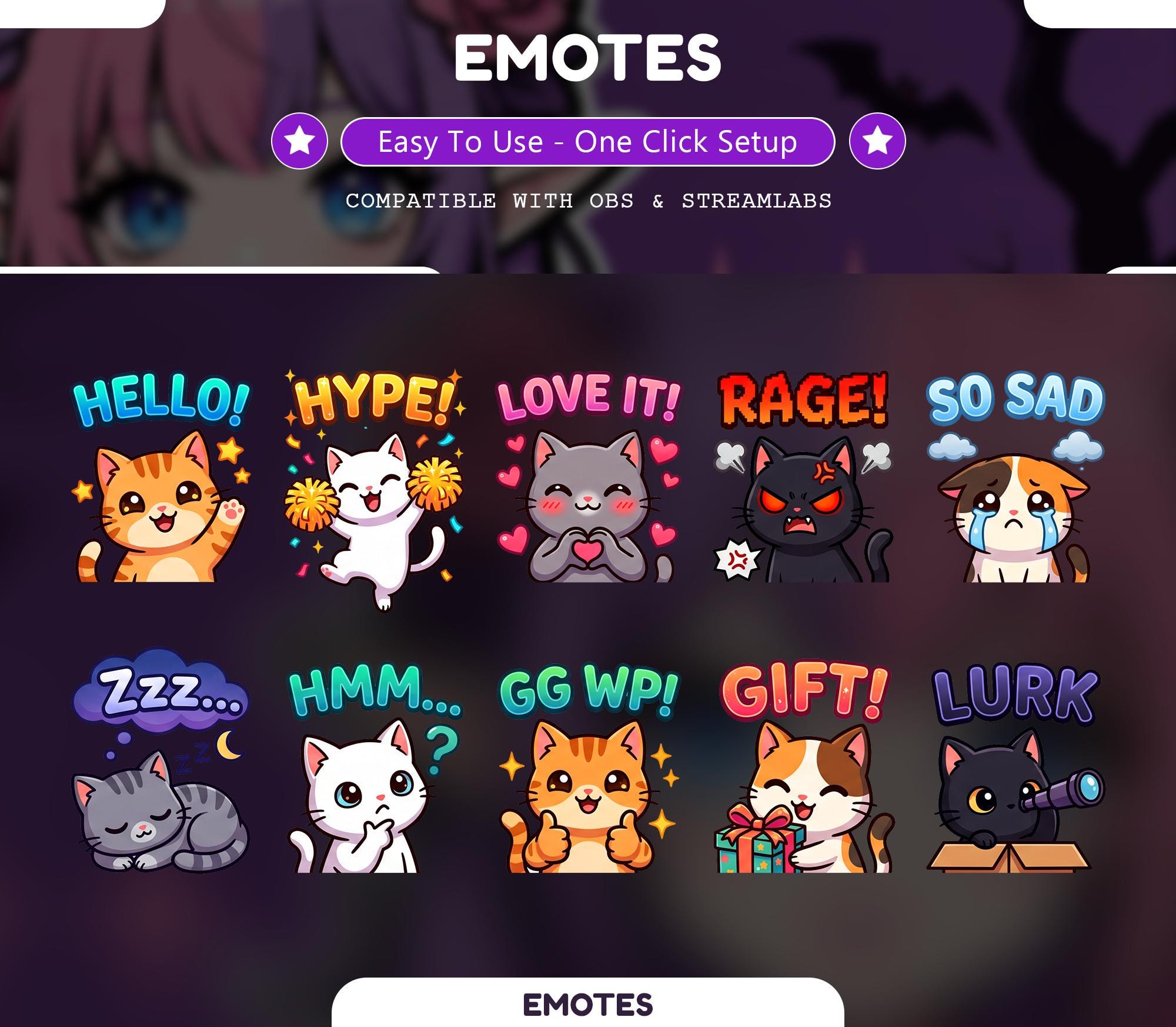 10 Cute Cat Text Emotes, Twitch Emotes, Cat Chat Emotes for Streamers, Discord Emotes, Chibi Cat Emote Pack - animated cat Twitch stream overlay pack cover