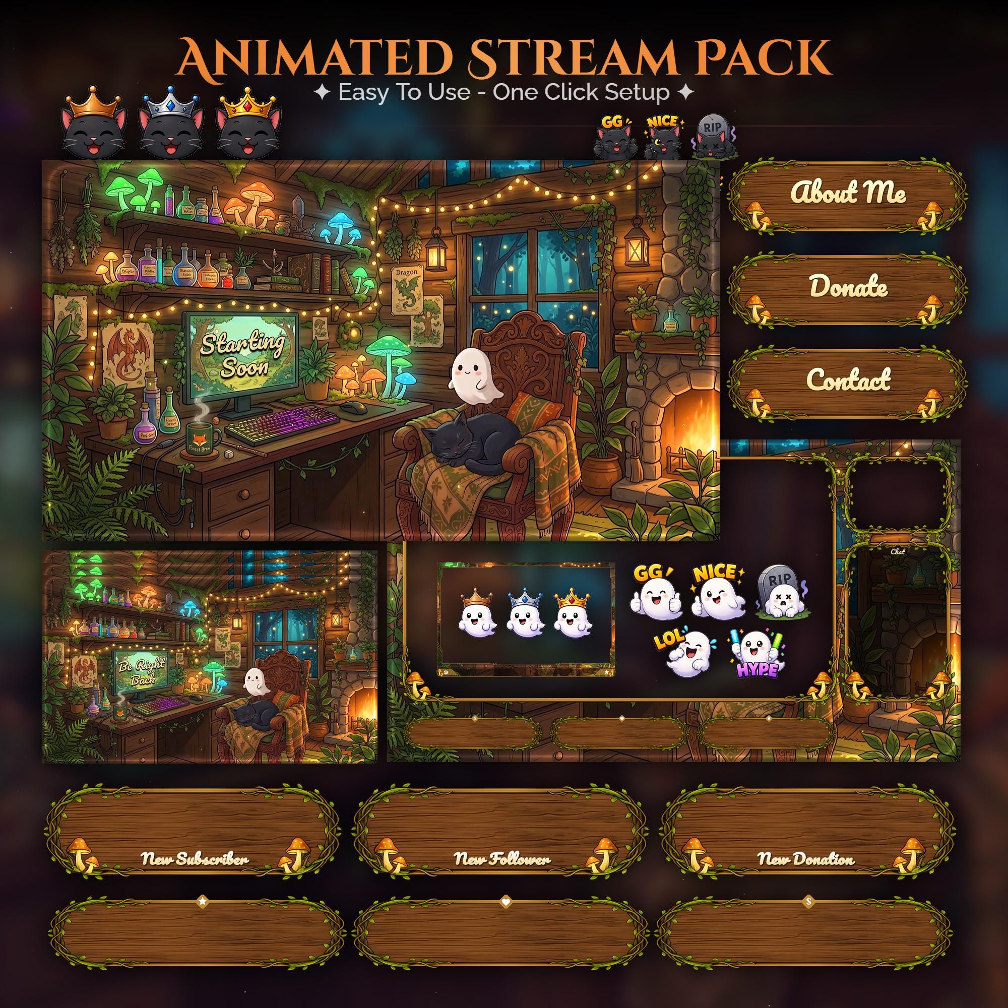 Cozy Ghost & Cat Overlay Animated Stream Package: Twitch, YouTube, Kick | Cat Overlays - animated preview