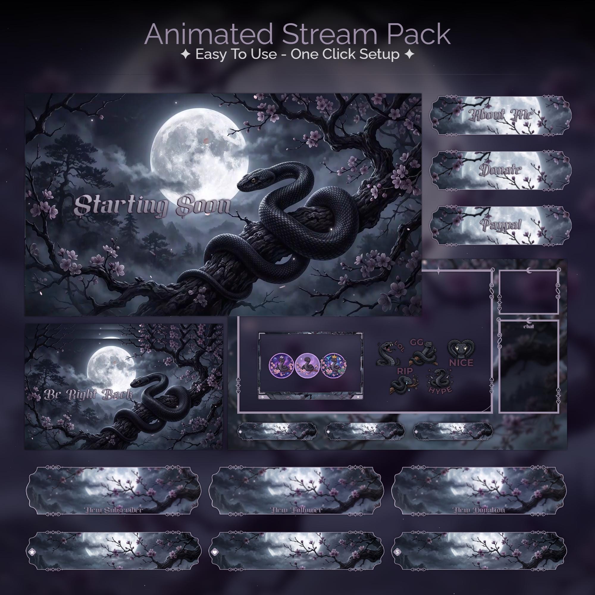 Mystic Moonlight Snake Overlay Animated Stream Package: For Twitch, YouTube, Kick | Gothic Snake overlays - animated preview