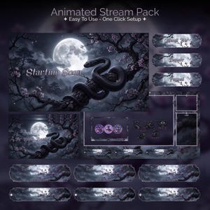 May include: An animated stream pack with a dark, gothic theme. The design features a large moon, a black snake coiled around a tree branch, and various overlay elements. Text includes "Starting Soon", "Donate", and "Paypal".
