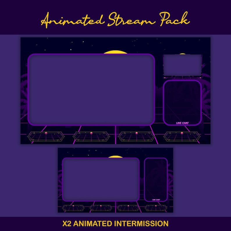 Sunset Synthwave Animated Stream-paket: För Twitch Overlay, YouTube, Kick, Facecam, Alerts, Retro Overlay bild 4