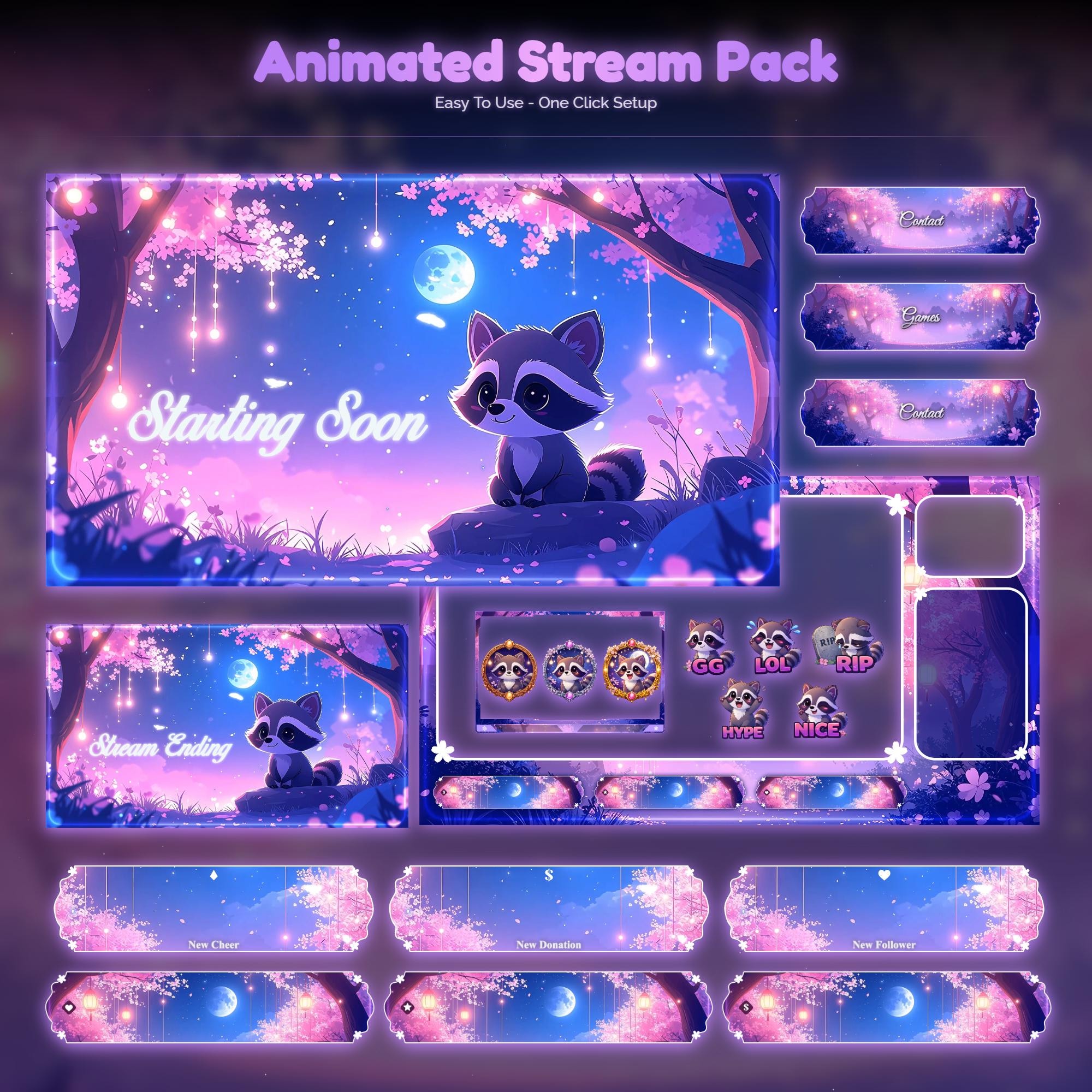 Sakura Dream raccoon Overlay Animated Stream Package: Twitch, YouTube, Kick | raccoon Overlays - animated preview