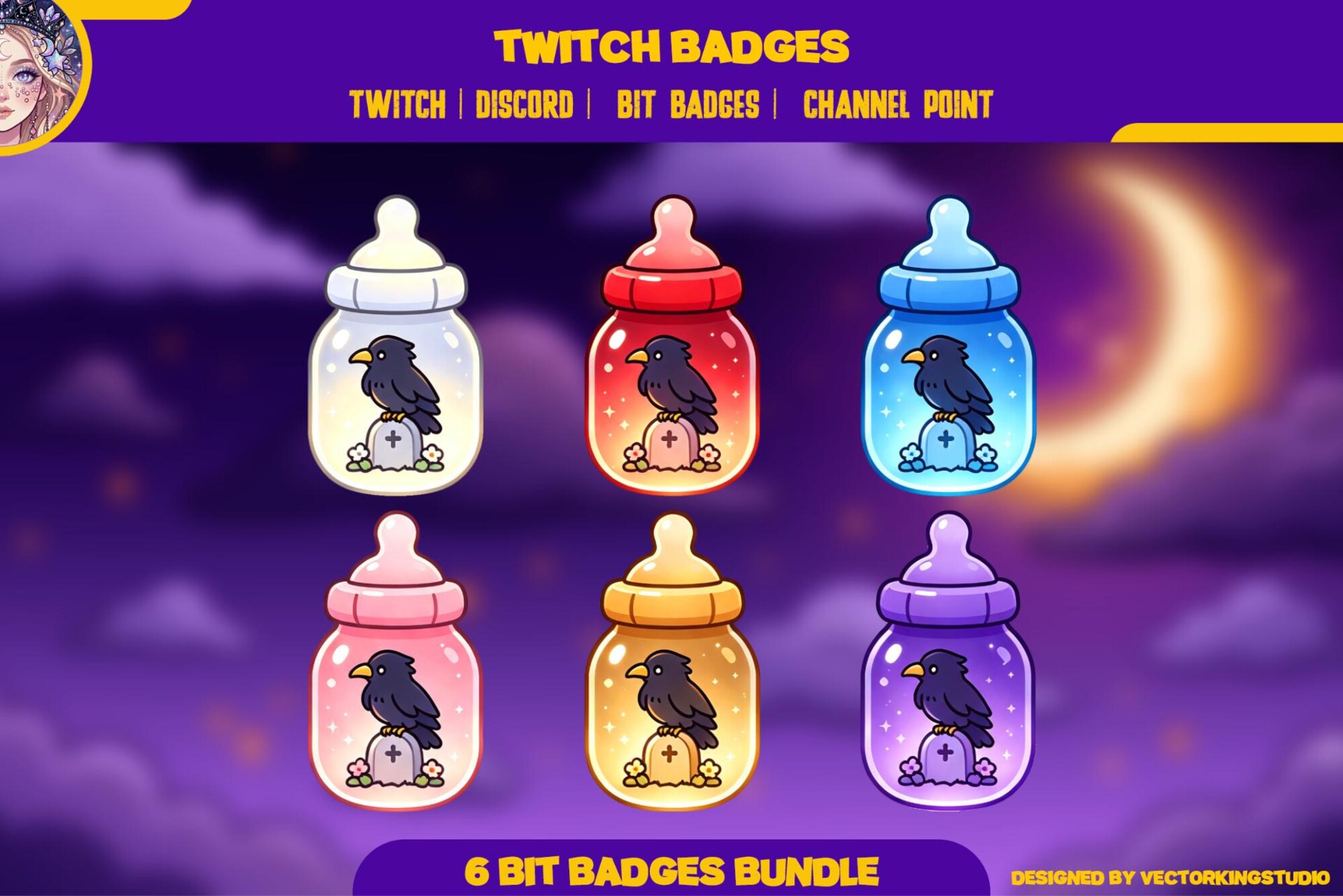 Raven Baby Bottle Twitch Badges, Discord | halloween emotes | Crow Spooky Sub Bits & Channel Point - animated preview