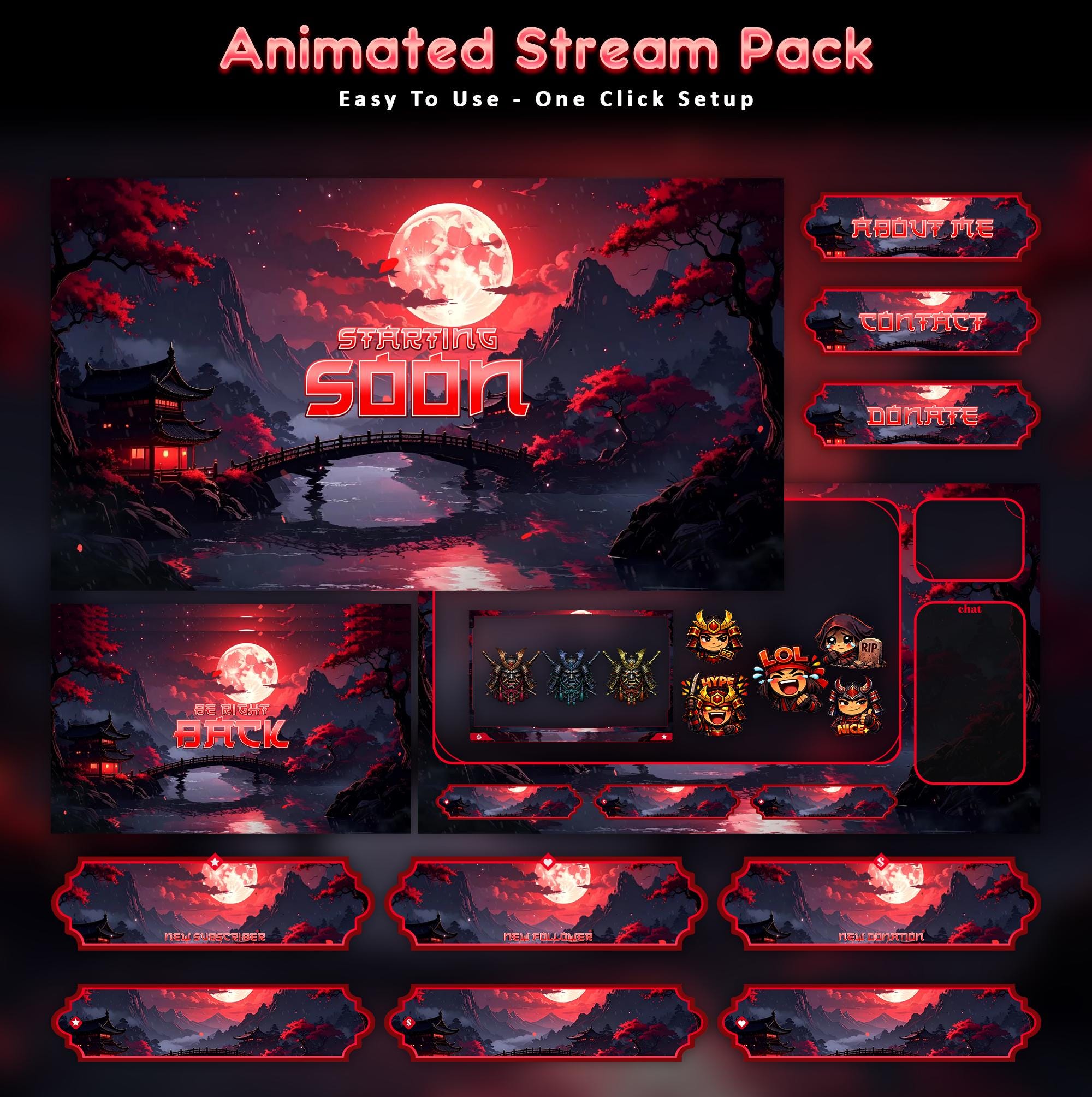 Red Moon Night Samurai Animated Stream Package: For Twitch Overlay, YouTube, Kick | Sakura Overlays - animated preview