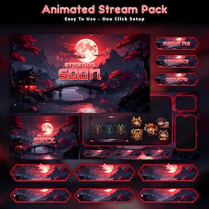 Peut inclure: Pack de flux animé sur le thème japonais. Il comprend des superpositions, des panneaux et des alertes animés. La palette de couleurs est dominée par le rouge et le noir, avec une pleine lune, des montagnes et de l'architecture traditionnelle. Le texte comprend "Starting Soon".