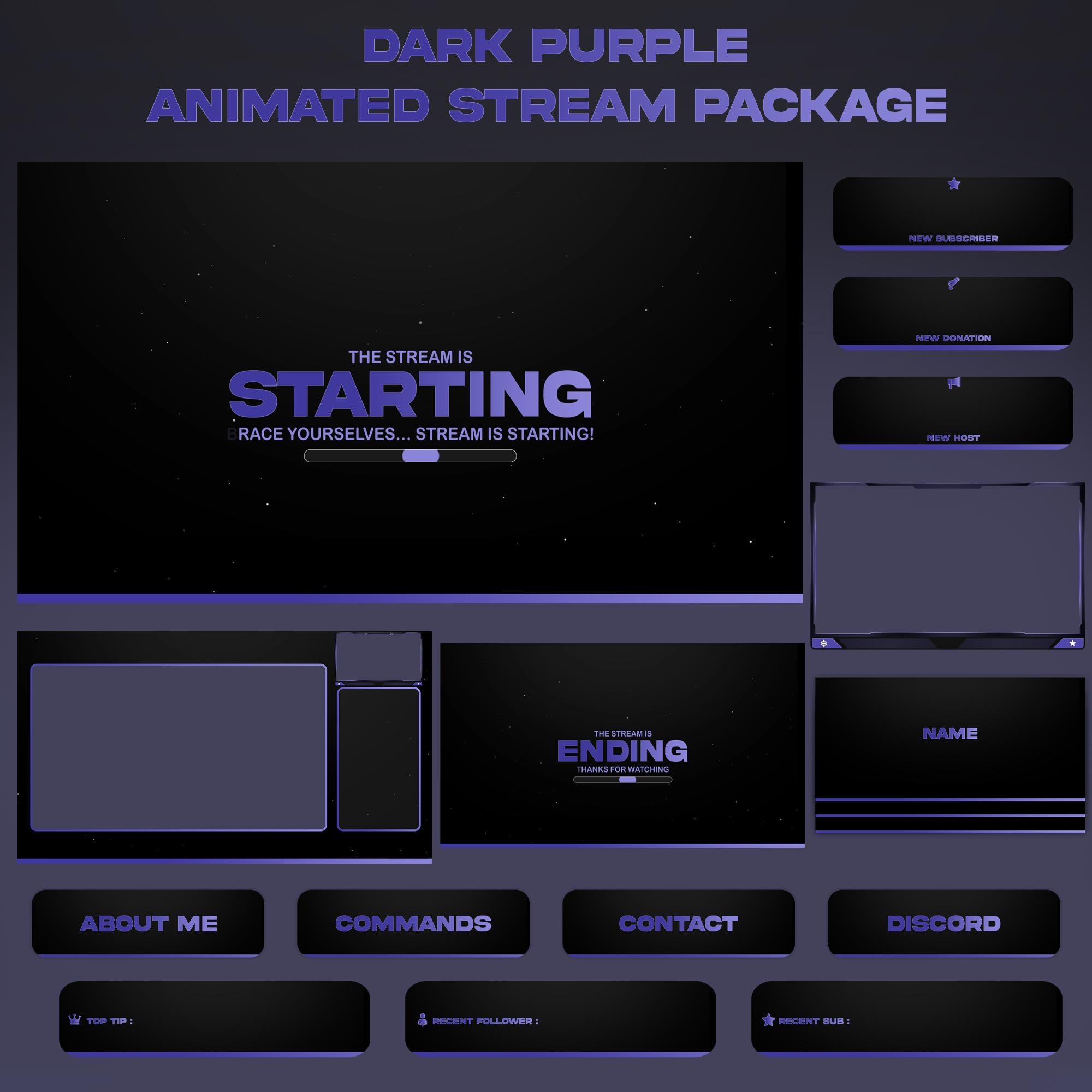 Dark Purple Animated Stream Package: For Twitch Overlay, YouTube, Kick, Facecam, Alerts, Stream Overlays - animated preview