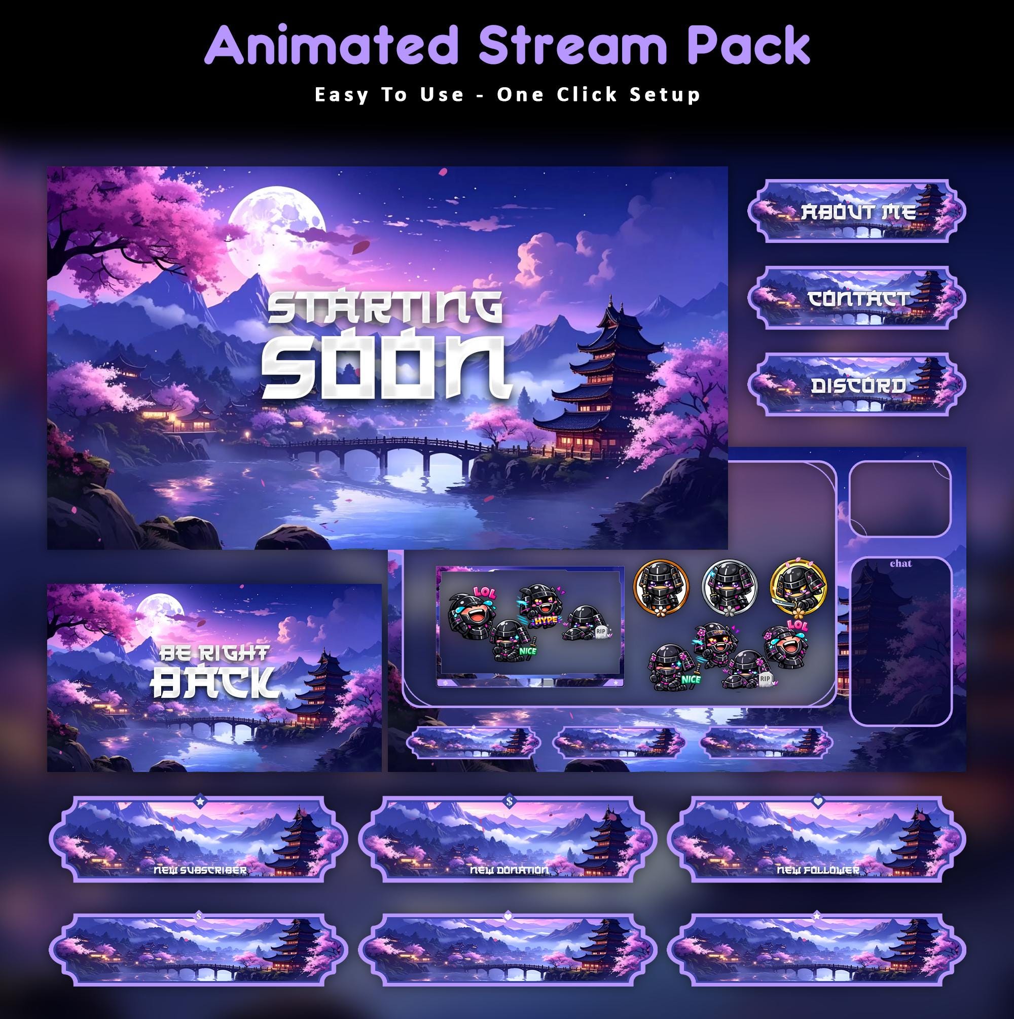 Samurai Moon Animated Stream Package: For Twitch Overlay, YouTube, Kick | Japanese twitch overlays - animated preview