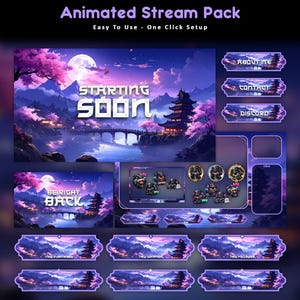 May include: An animated stream pack with a Japanese theme. The pack includes a "Starting Soon" screen, "Be Right Back" screen, and various overlay elements. The design features a landscape with a pagoda, cherry blossoms, and a bridge, all in shades of purple and blue.