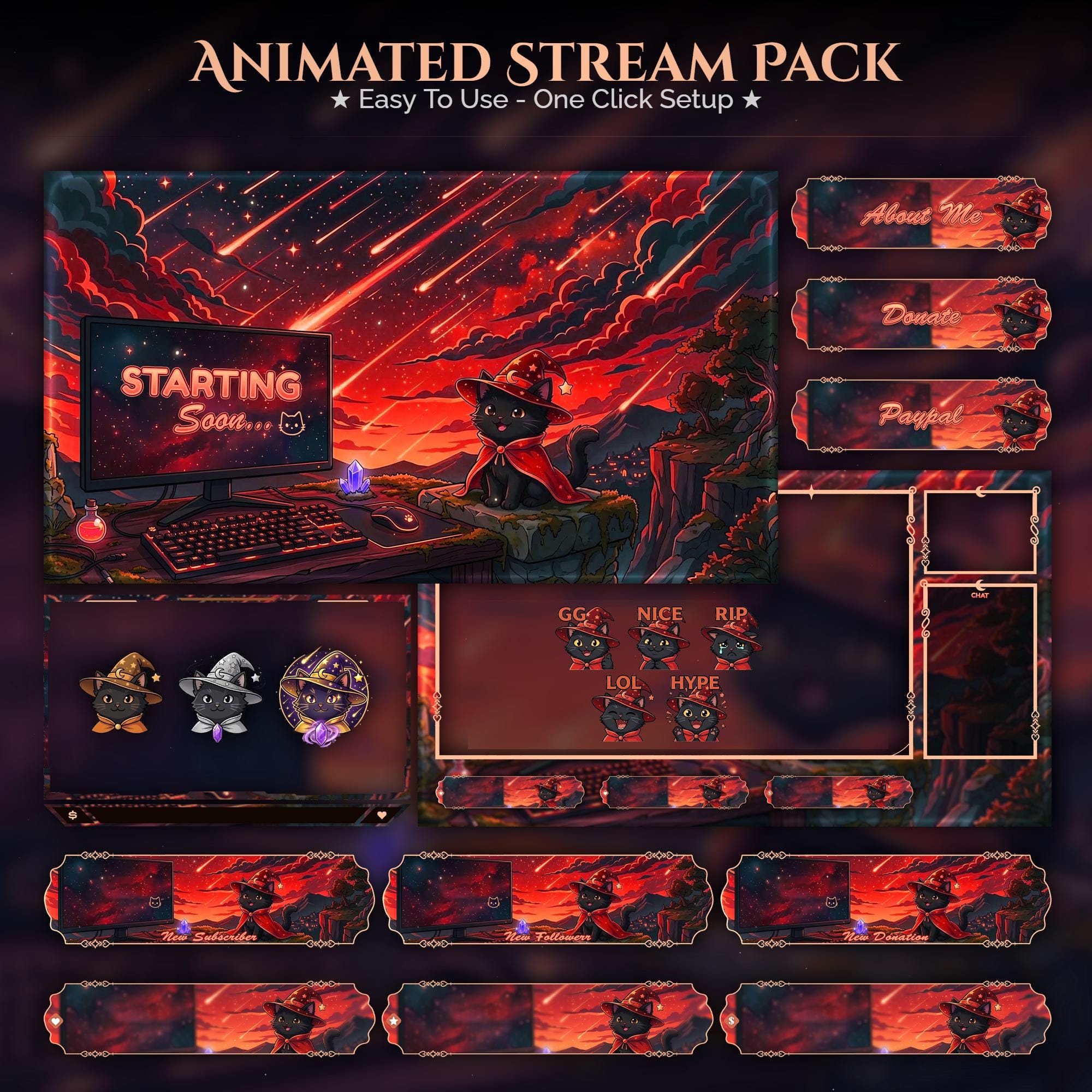 Starry Wizard Cat Overlay Animated Stream Package: Twitch, YouTube, Kick | Golden | Star | Cloud | Sky | Red | Magic Cat Overlays - animated preview