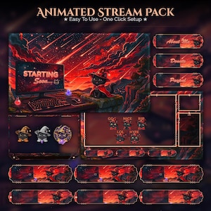 May include: Animated stream pack with a red and black theme. Includes a starting soon screen, chat boxes, and buttons. Features a black cat wearing a witch hat and cape. The text includes "Starting Soon...", "About Me", "Donate", and "Paypal".