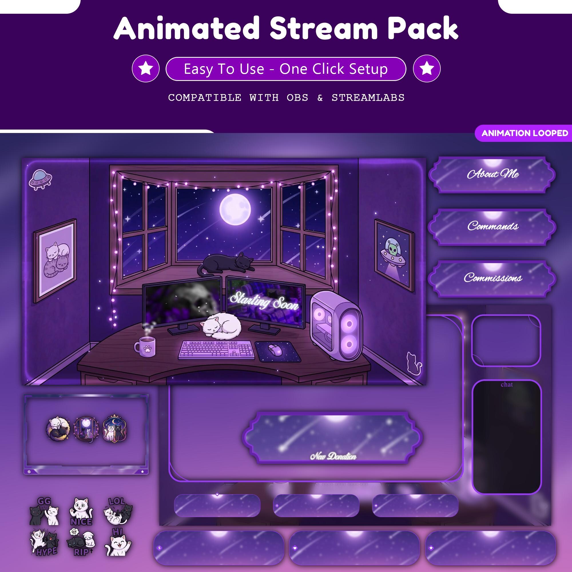 Cozy Starry Night, Cat Stream Package: Twitch Overlay, YouTube | Lofi Room Animated overlay - animated preview