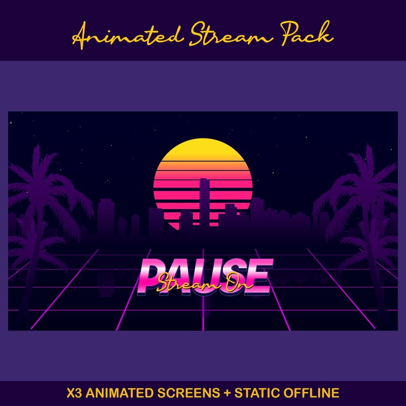 Sunset Synthwave Animated Stream-paket: För Twitch Overlay, YouTube, Kick, Facecam, Alerts, Retro Overlay bild 10