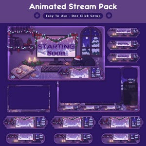 Peut inclure: Un pack de stream animé sur le thème de l'hiver. Le design comprend une configuration de bureau avec un moniteur affichant "Starting Soon", un chat endormi portant un chapeau de Père Noël et divers éléments de superposition tels que les boutons "About Me", "Paypal" et "Donate".