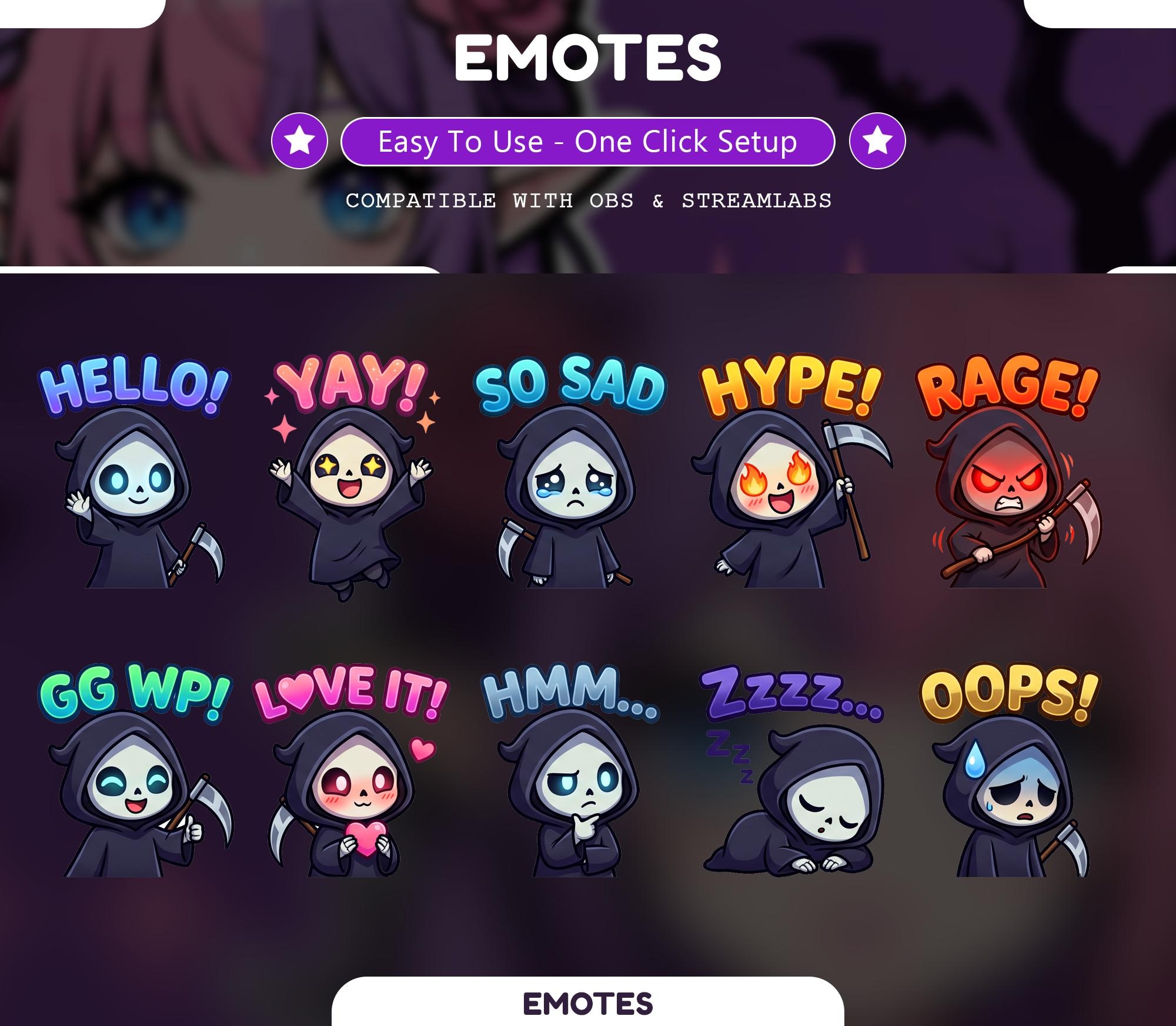 10 Grim Reaper Text Emotes, Twitch Emotes, Cute Reaper Chat Emotes for Streamers, Discord Emotes, Chibi Reaper Emote Pack - animated reaper Twitch stream overlay pack cover