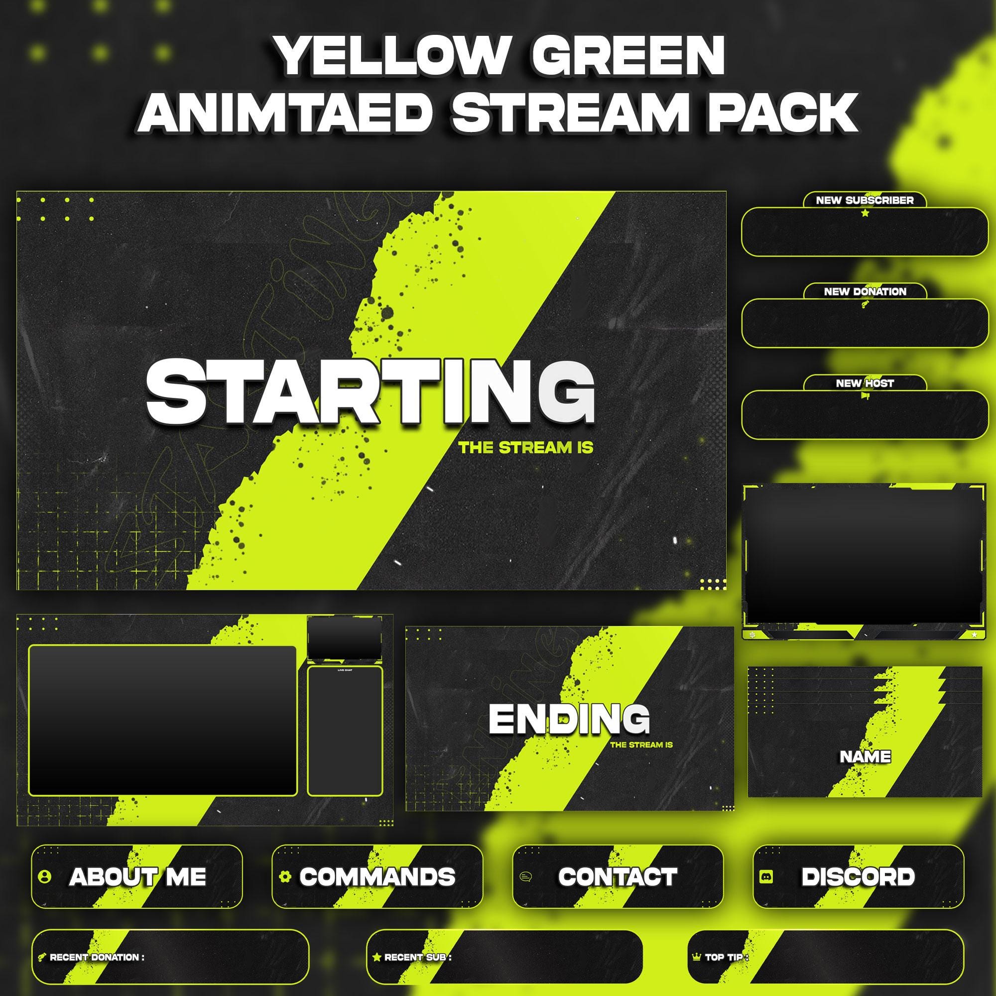 Yellow Green Animated Stream Package: For Twitch Overlay, YouTube, Kick, Facecam, Alerts, Stream Overlays - animated preview