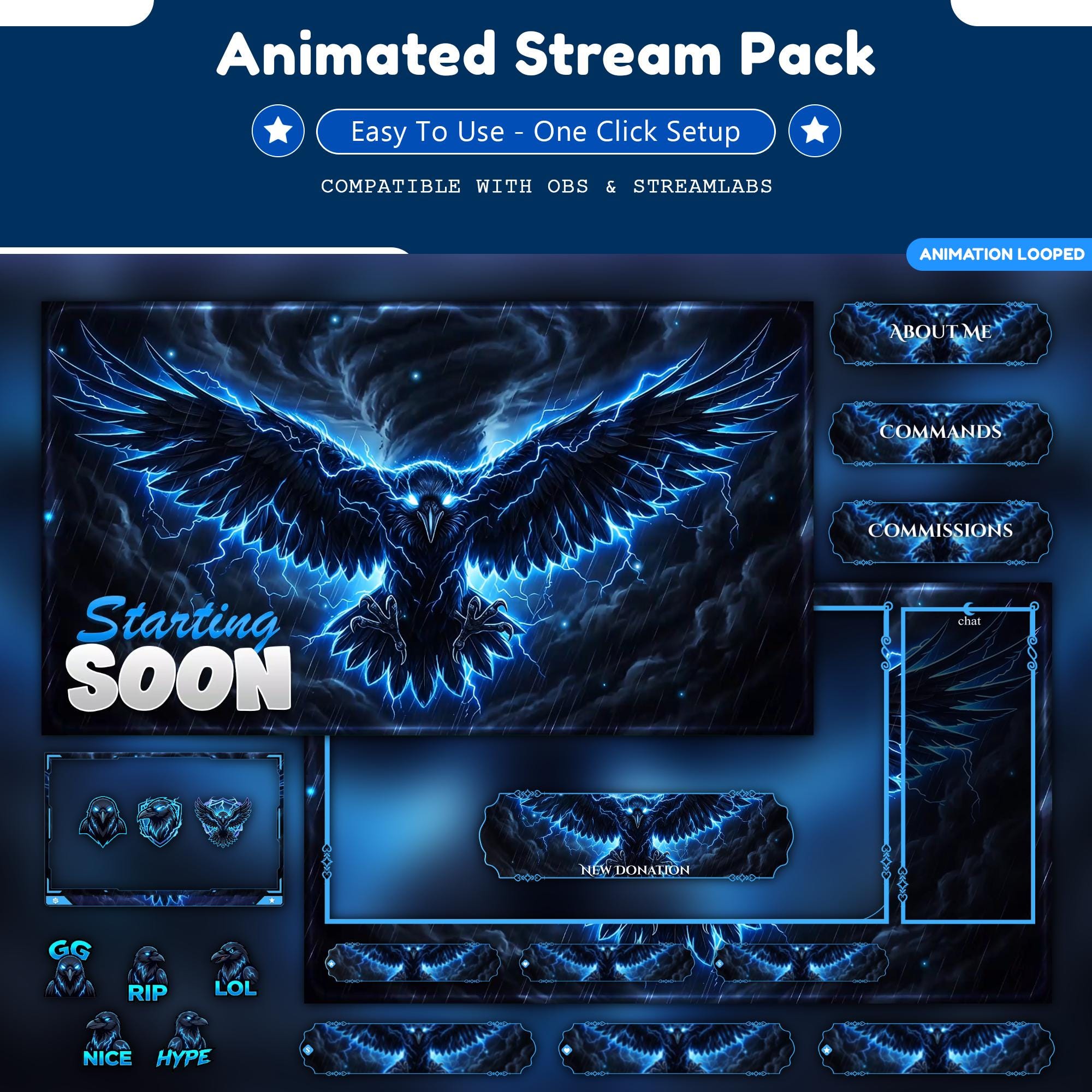 Blue Gothic Raven Animated Stream Package: For Twitch Overlay, YouTube, Kick | Crow twitch overlays - animated preview