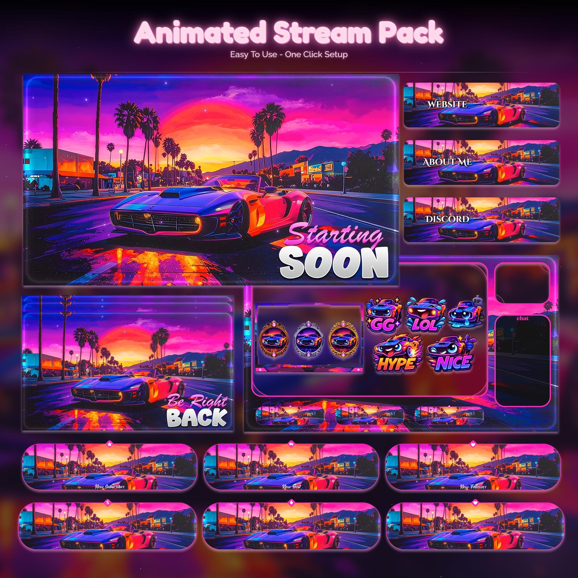 Retro Drive Overlay Animated Stream Package: Twitch Overlay, YouTube, Kick | Neon Overlays - animated preview
