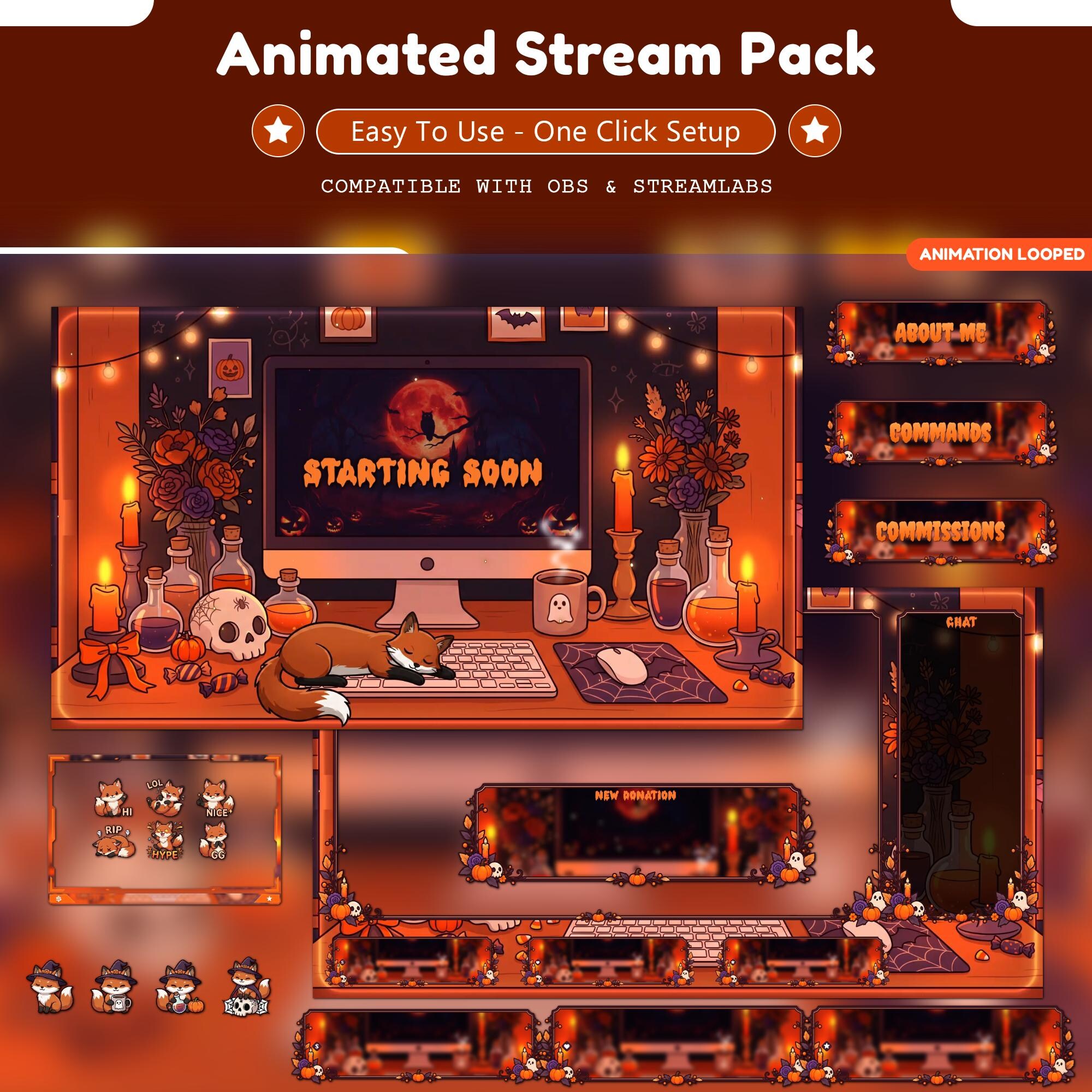 Animated Halloween Stream Overlay Pack | Cozy Fox Twitch Overlay Bundle | Spooky Pumpkin Ghost Panels Emotes | VTuber OBS | Youtube, Kick - animated preview